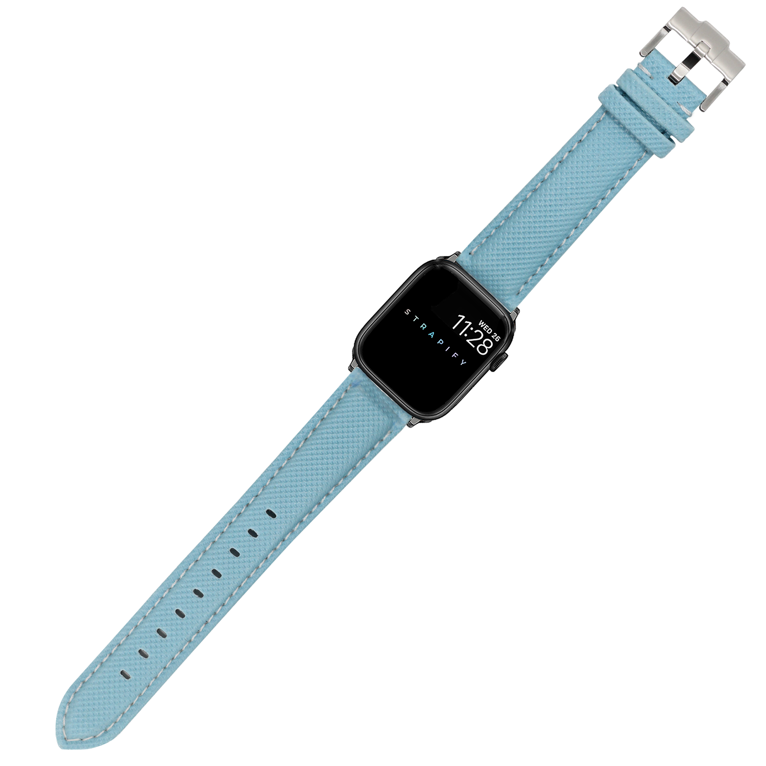 Apple Watch with sky blue sailcloth band and white stitching, silver square case displaying time 11:28
