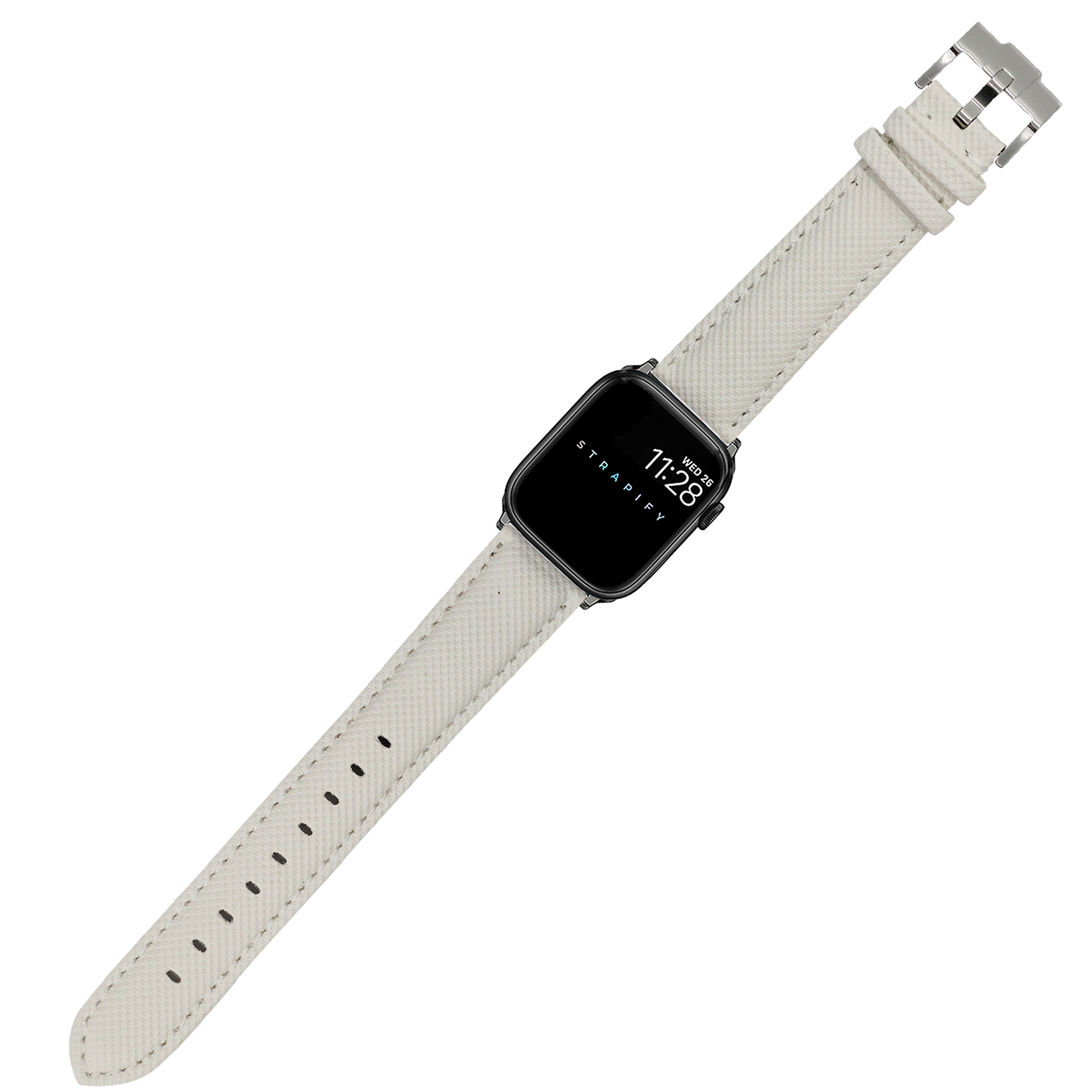 Smartwatch with black square face and white sailcloth watch band featuring metal buckle closure