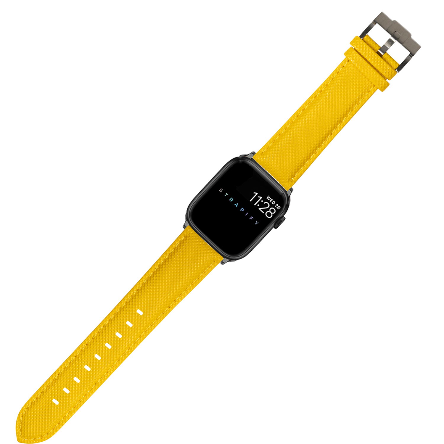 Black smartwatch with yellow sailcloth band and gunmetal buckle displaying time 11:28
