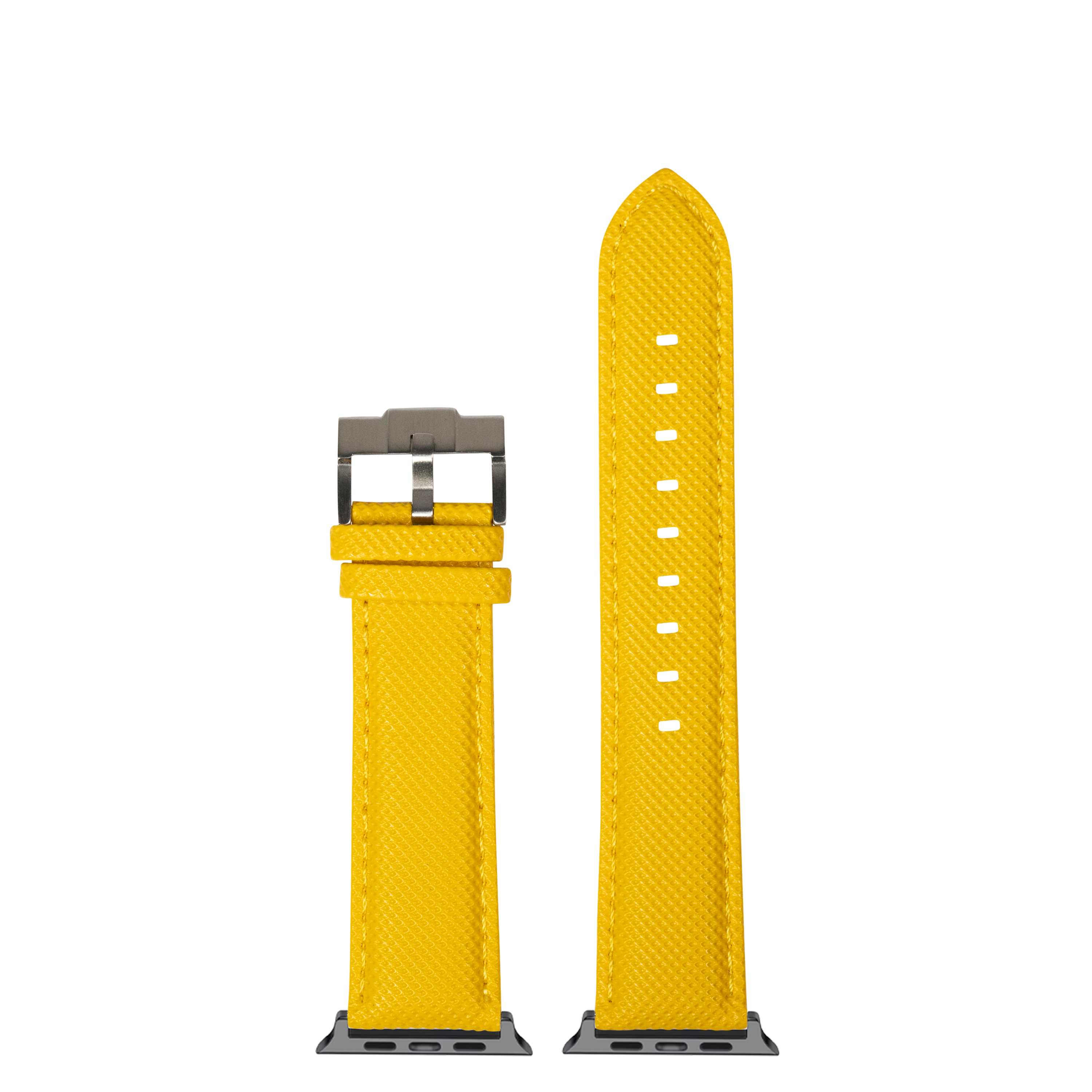 Yellow sailcloth Apple Watch band with gray buckle and quick-release connector pins