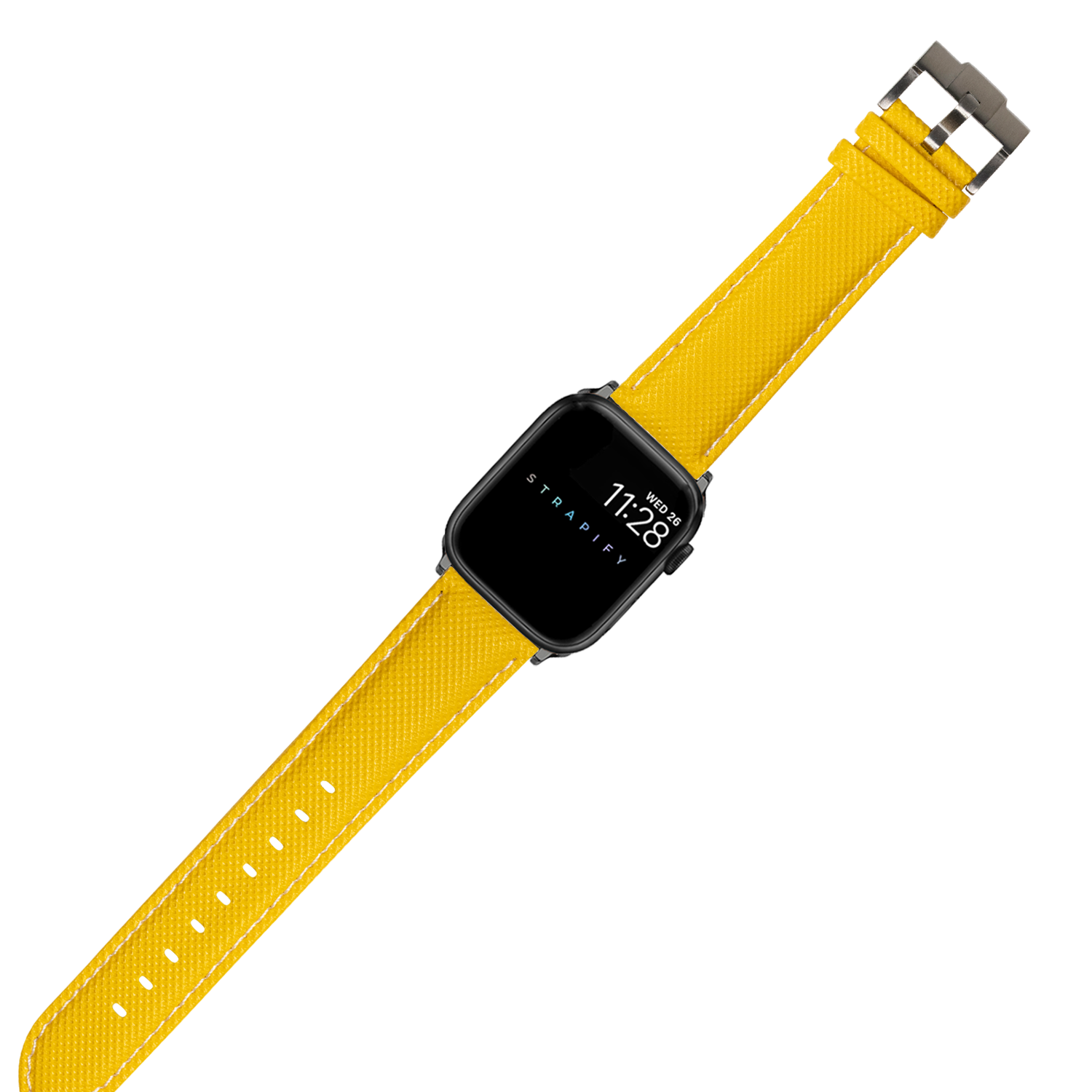 Black square smartwatch with yellow sailcloth band and white stitching, displaying time 11:28