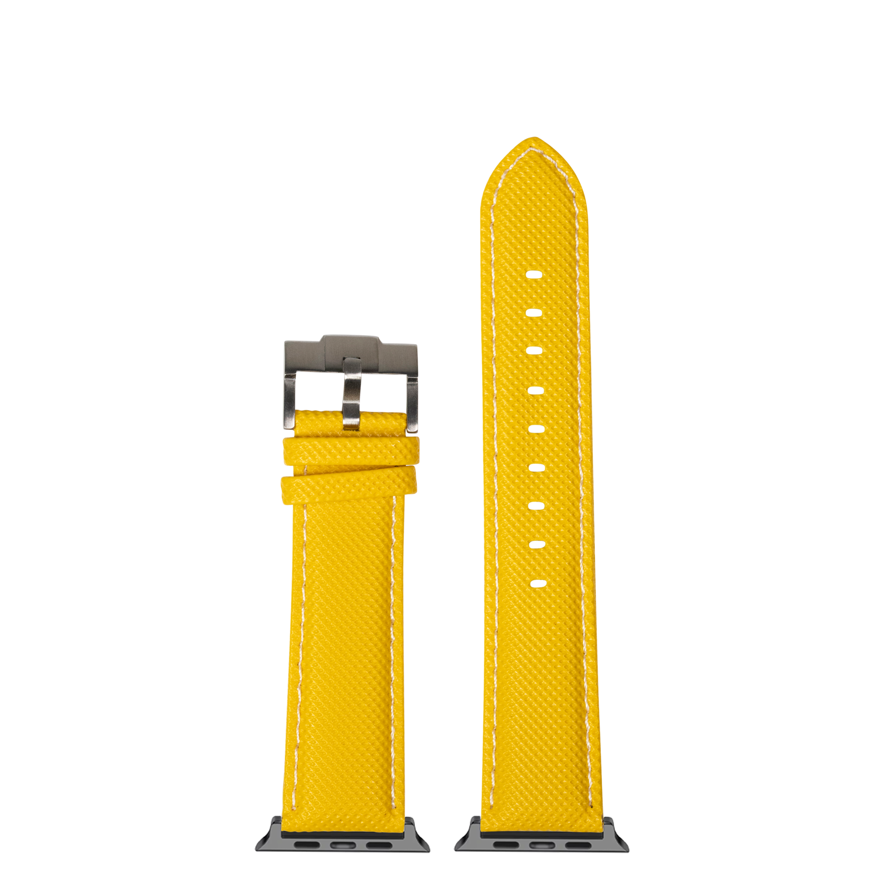 Yellow sailcloth Apple Watch band with white stitching and gray titanium buckle clasp