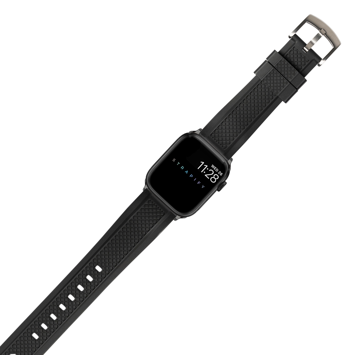 Black FKM rubber smartwatch band with textured grid pattern, stainless steel buckle, and adjustable sizing holes