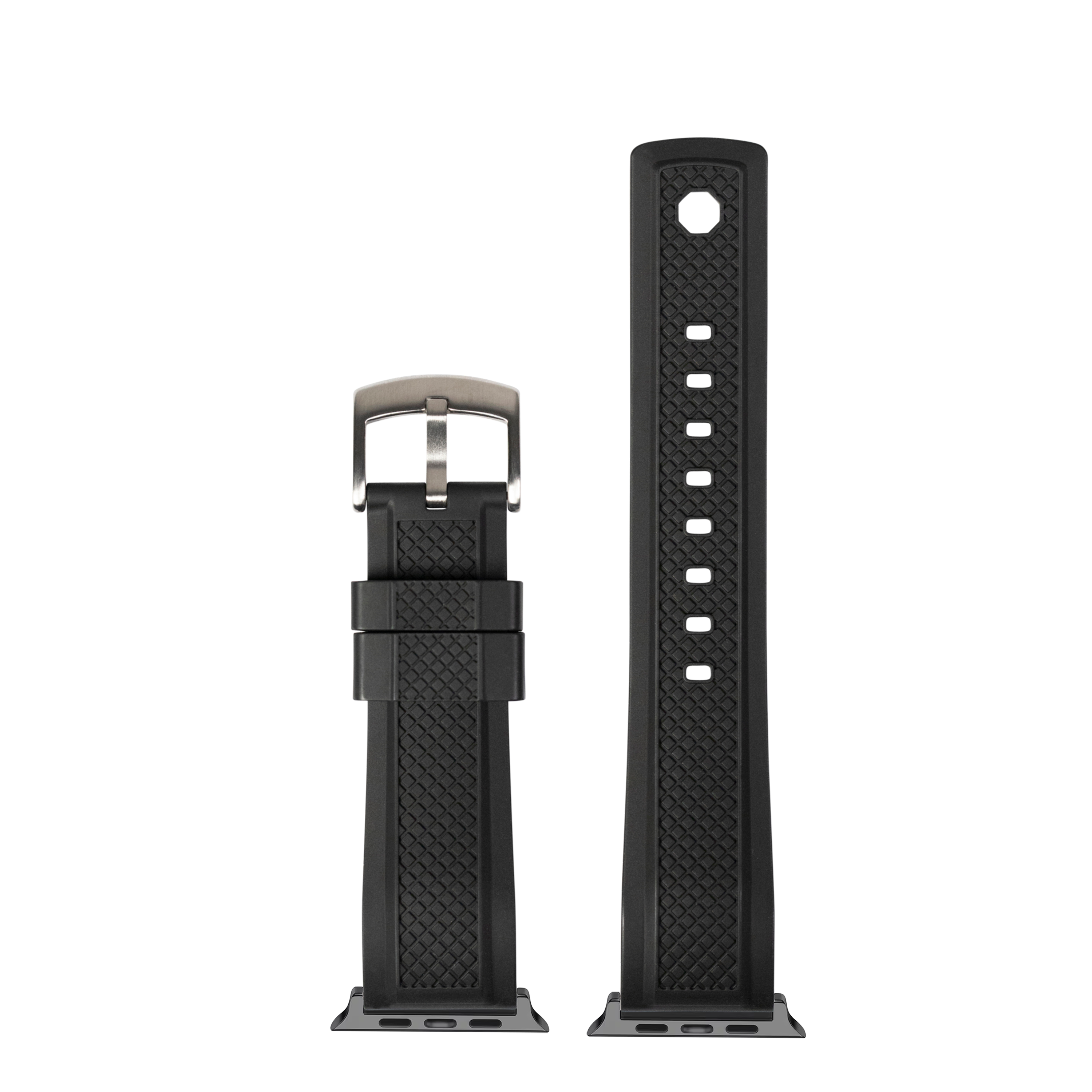 Black textured rubber smartwatch band with stainless steel buckle, shown assembled and unattached with adjustment holes