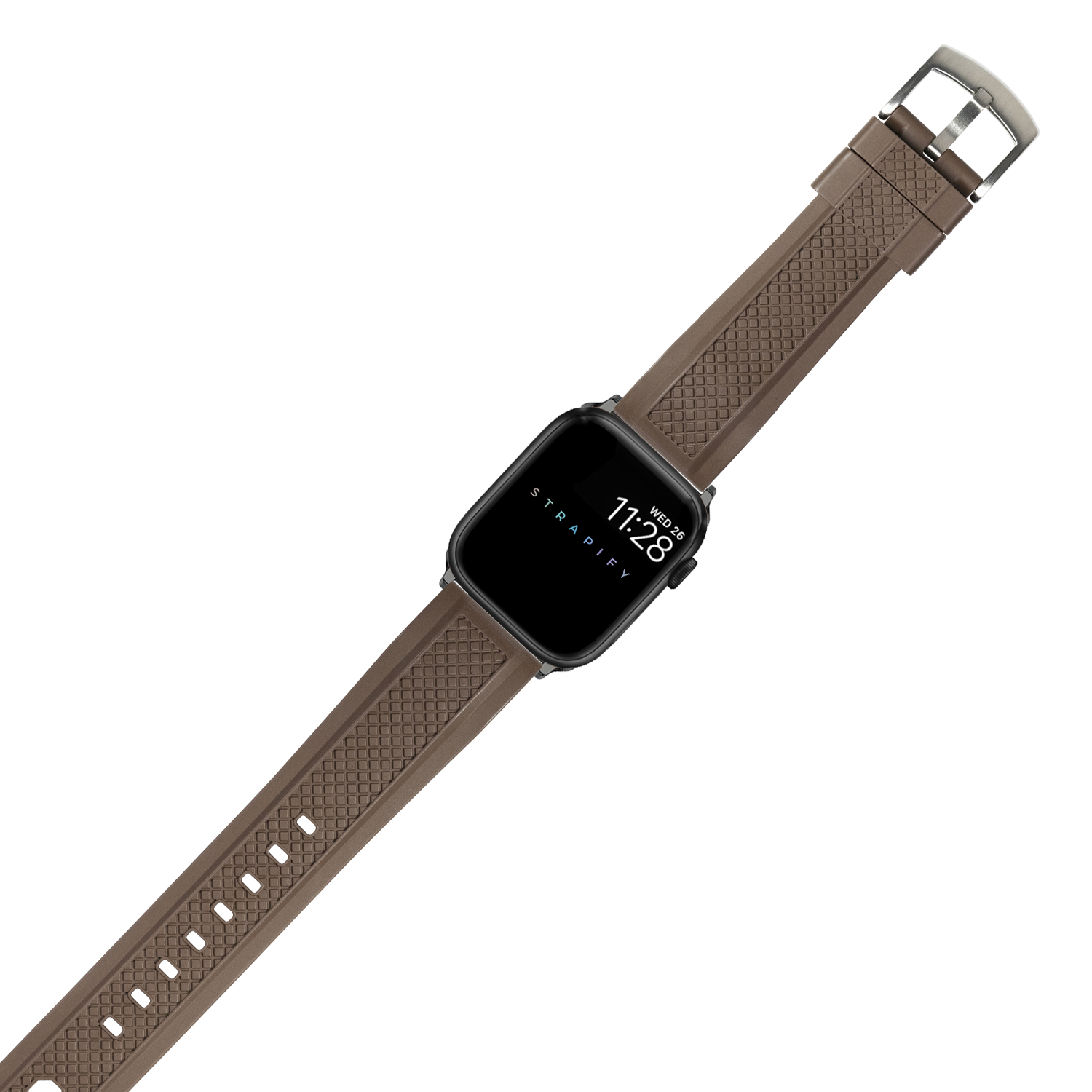 Apple Watch with coffee brown GridLock FKM rubber strap featuring textured grid pattern and metal buckle clasp