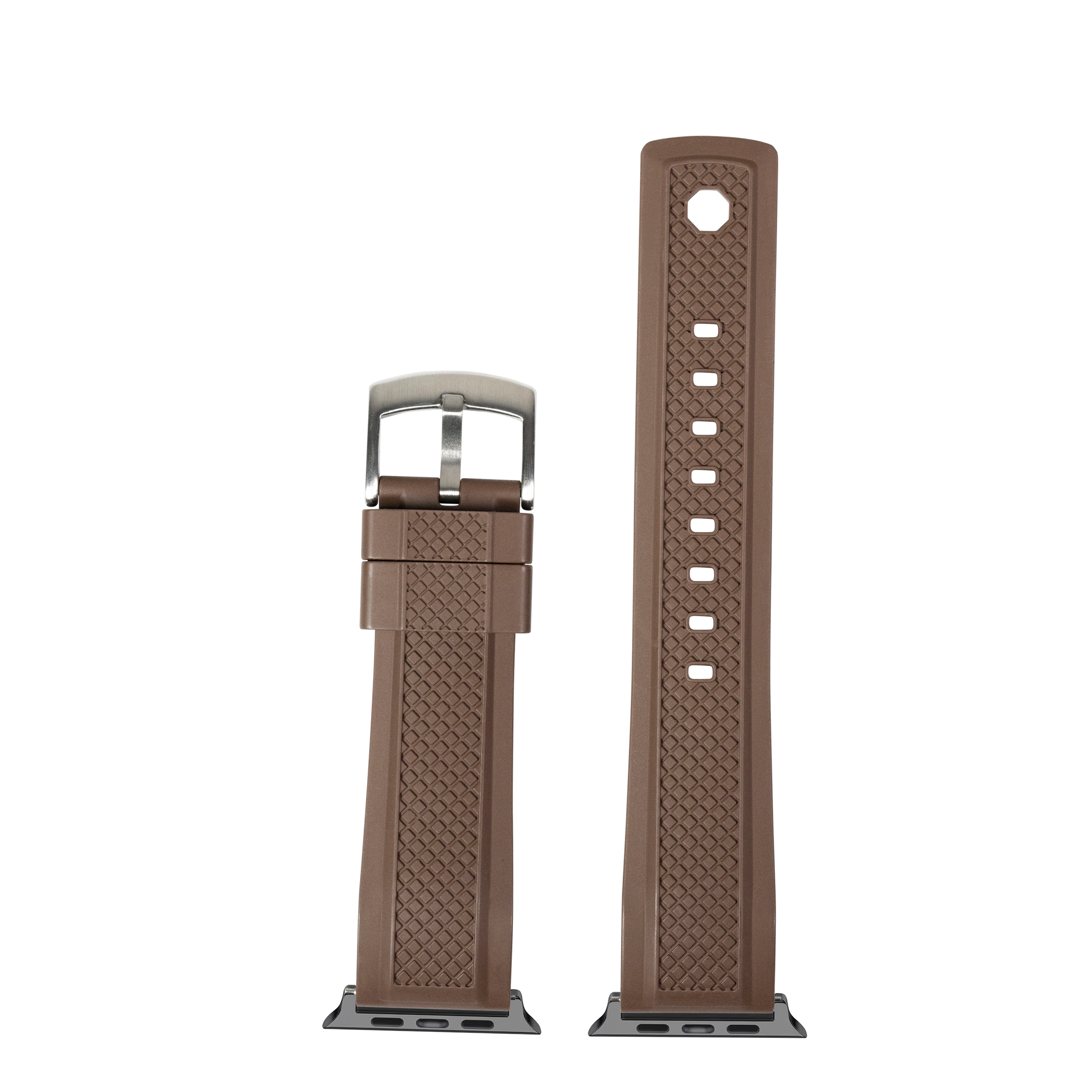 Brown GridLock FKM rubber Apple Watch band with metal buckle and adjustment holes displayed extended and buckled views