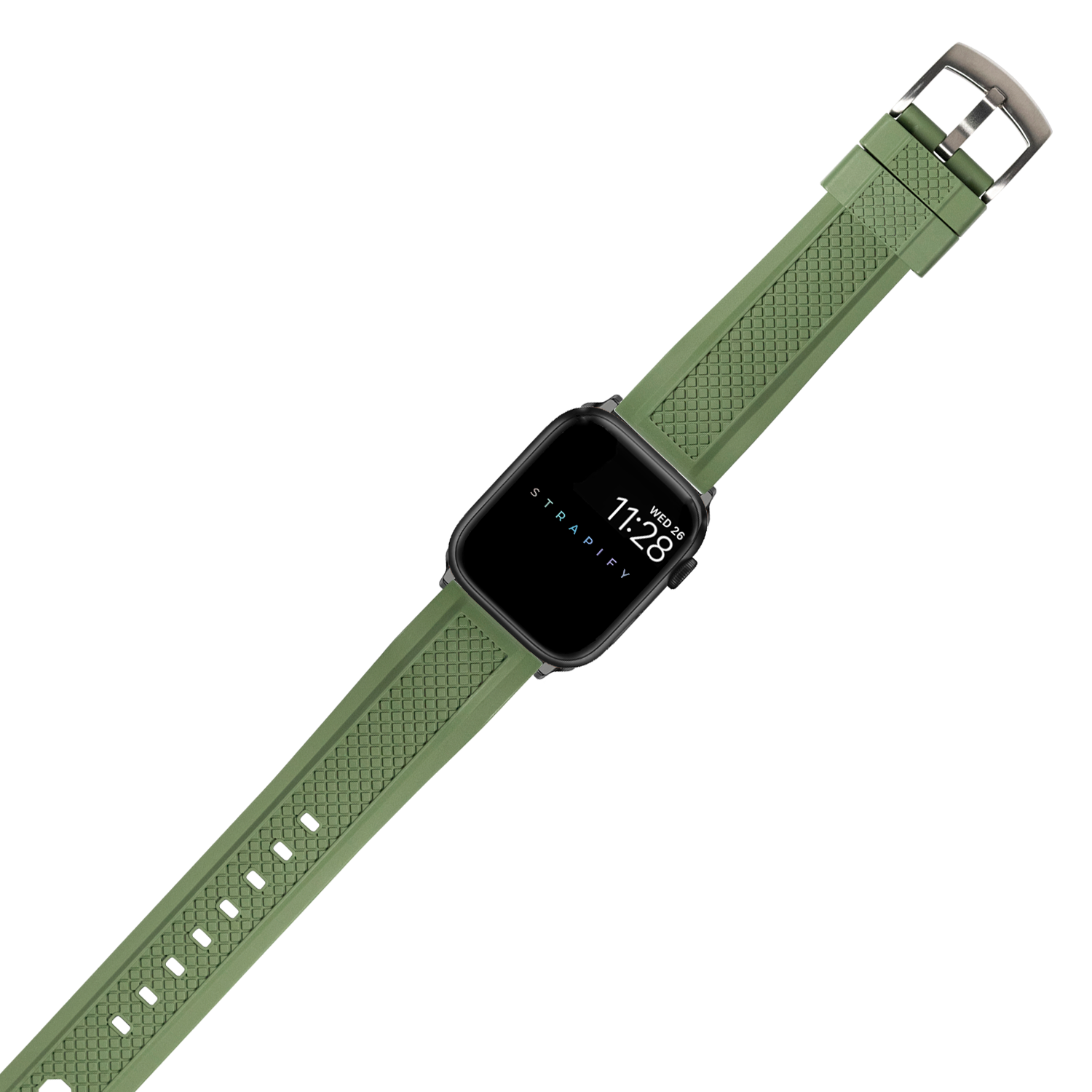 Olive green FKM rubber smartwatch band with textured grid pattern and silver buckle clasp on black square watch face displaying time