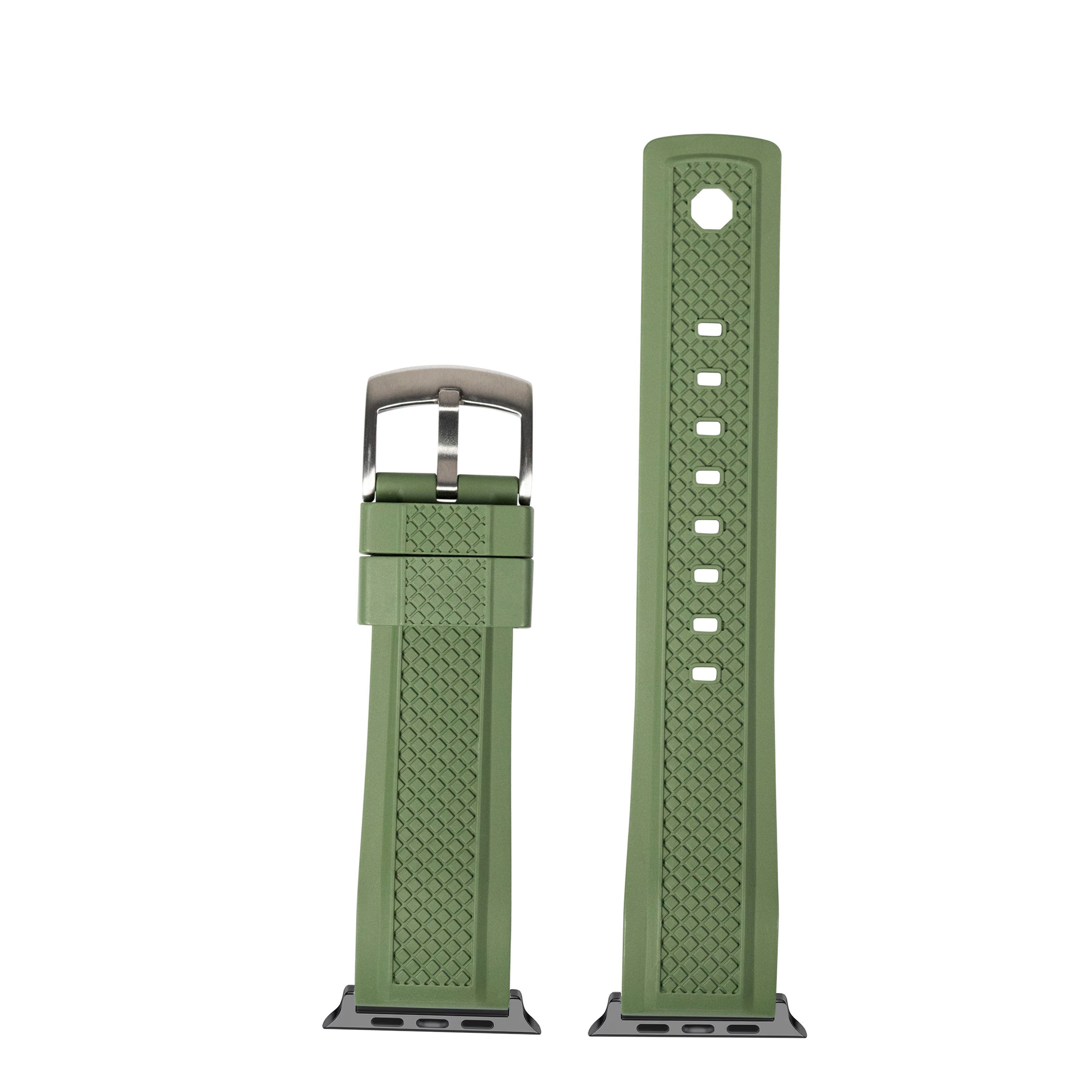 Olive green rubber watch band with textured weave pattern, metal buckle, and connector pins for Apple Watch compatibility