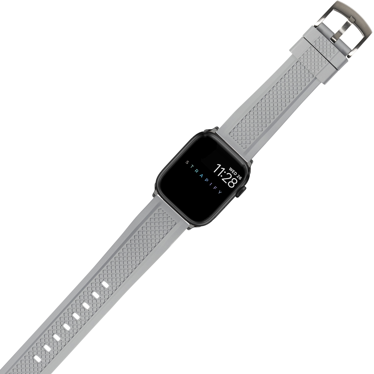 Grey GridLock FKM rubber smartwatch band with metal buckle, textured grid pattern design and adjustment holes