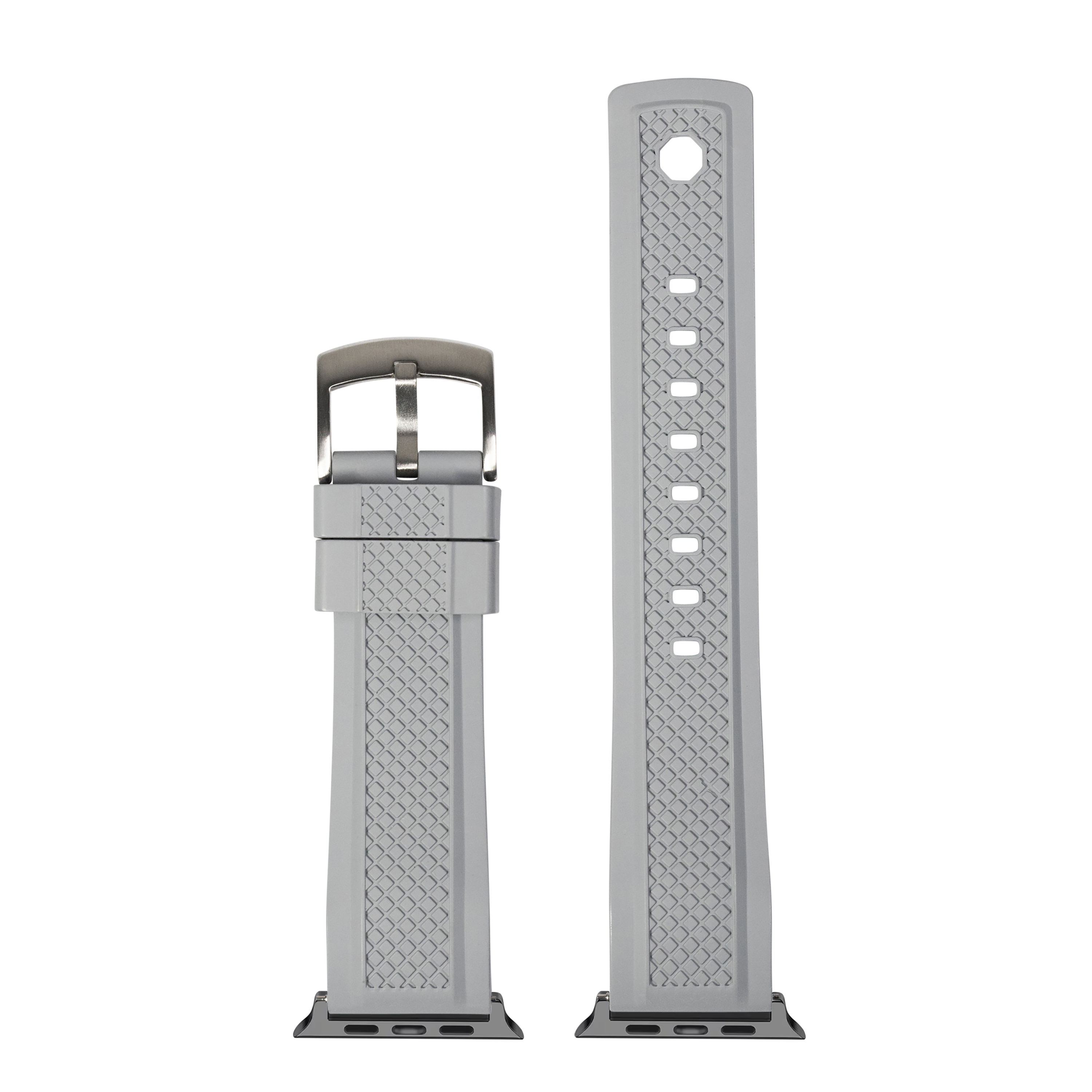 Grey silicone Apple Watch band with textured grid pattern and metal buckle, shown in two lengths