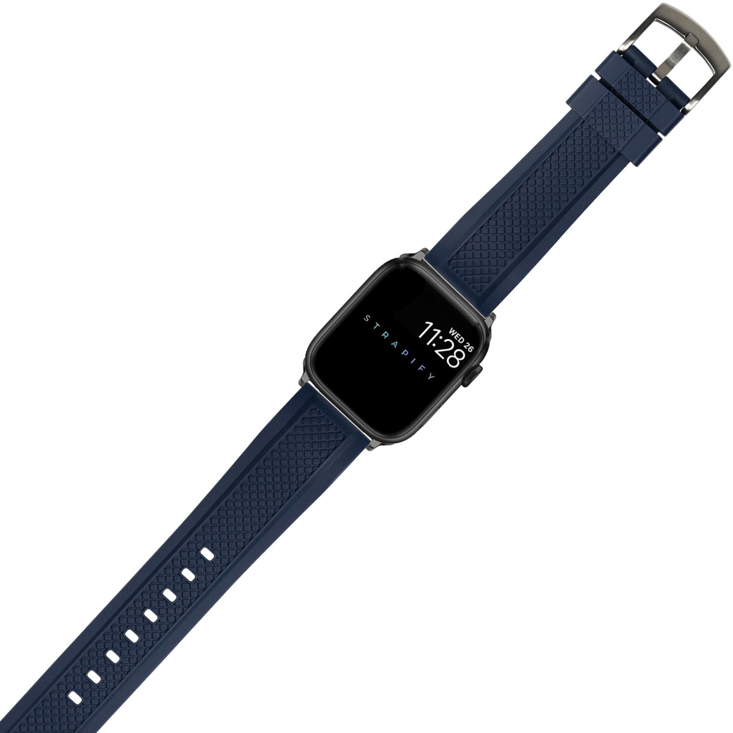 Navy blue FKM rubber smartwatch band with textured pattern and stainless steel buckle, displayed on black digital watch showing time