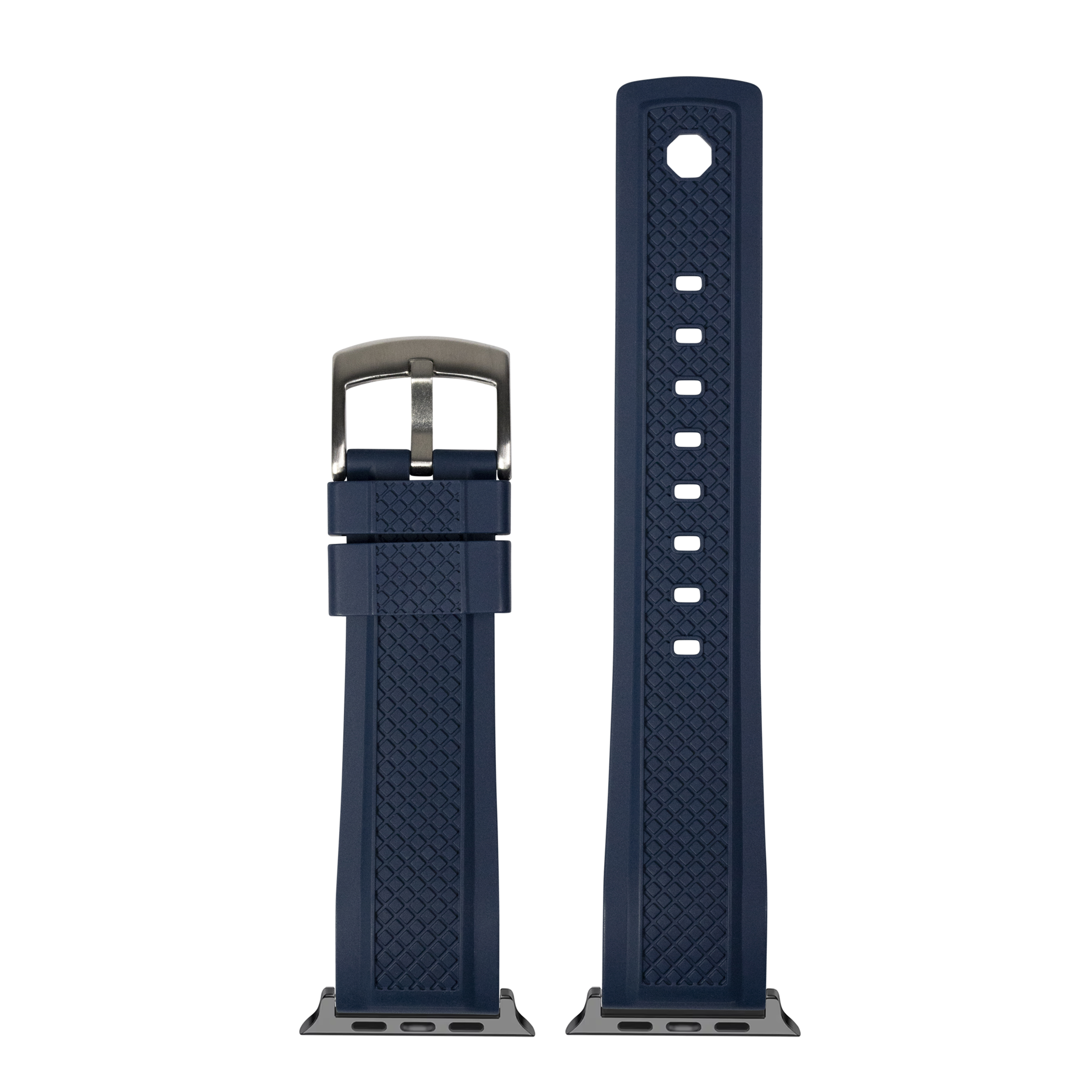 Navy blue rubber watch band with textured grid pattern, stainless steel buckle, and quick-release connector pins for Apple Watch