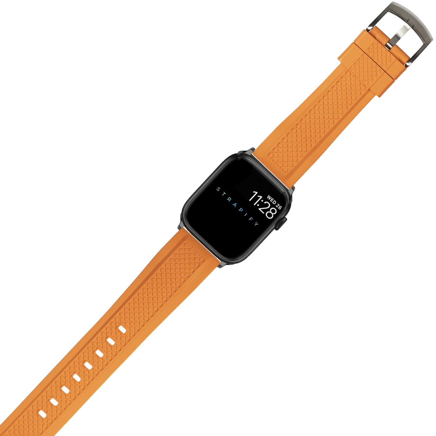 Smartwatch with black square face displaying time on orange textured rubber band with metal buckle closure
