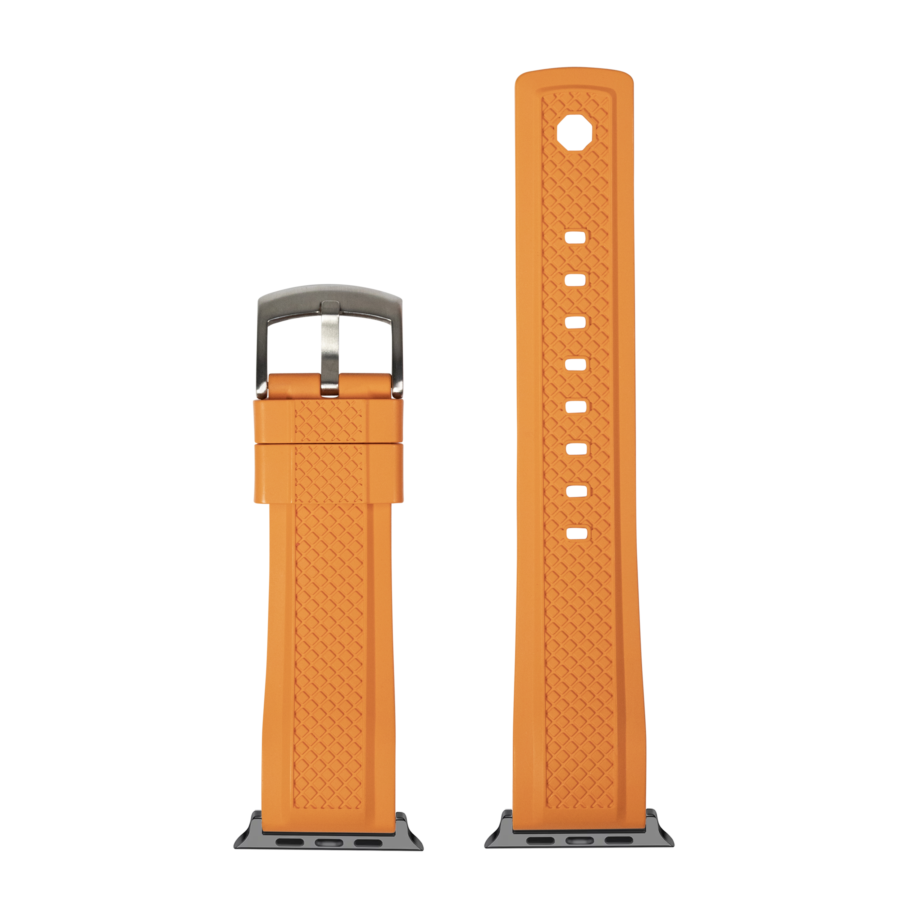 Orange silicone smartwatch band with quilted texture, gunmetal buckle, and adjustment holes displayed on white background