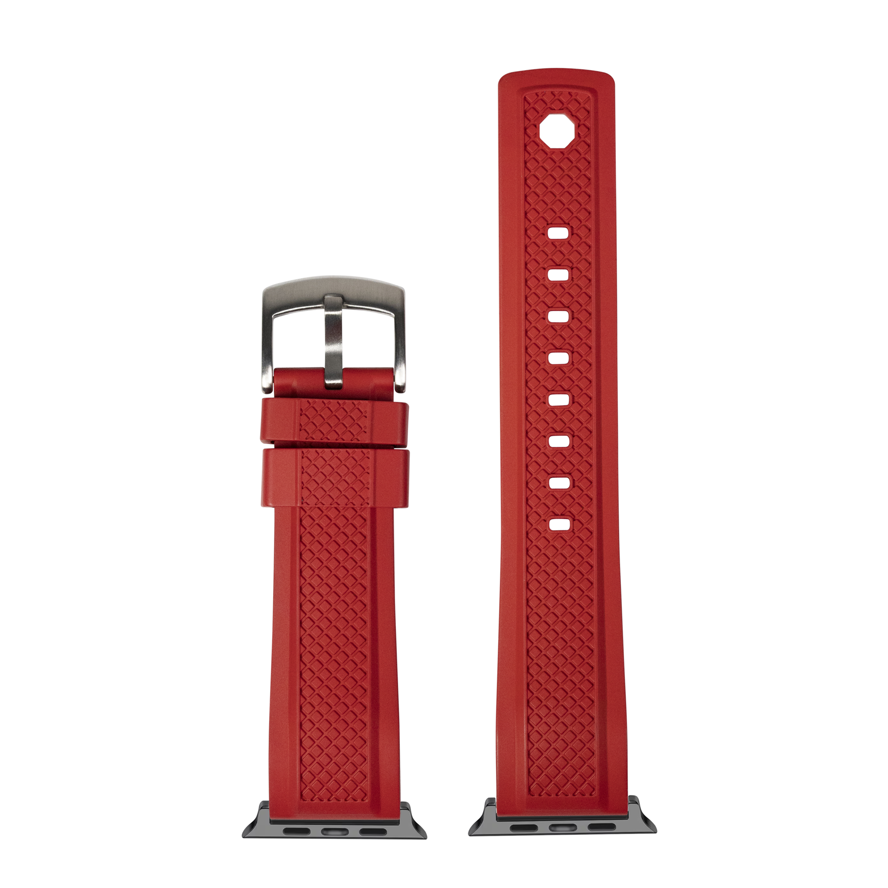 Red rubber smartwatch band with quilted texture, gunmetal buckle, and connector pins for Apple Watch compatibility