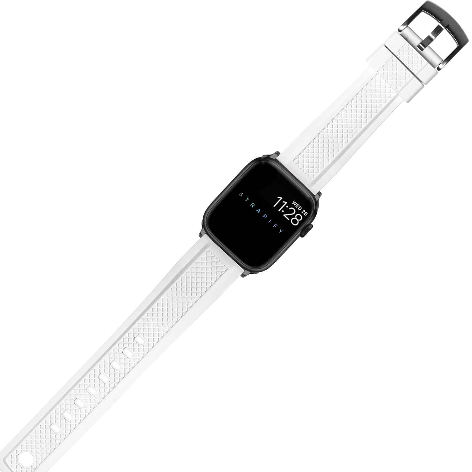 White GridLock FKM rubber smartwatch band with black buckle and square watch face displaying time