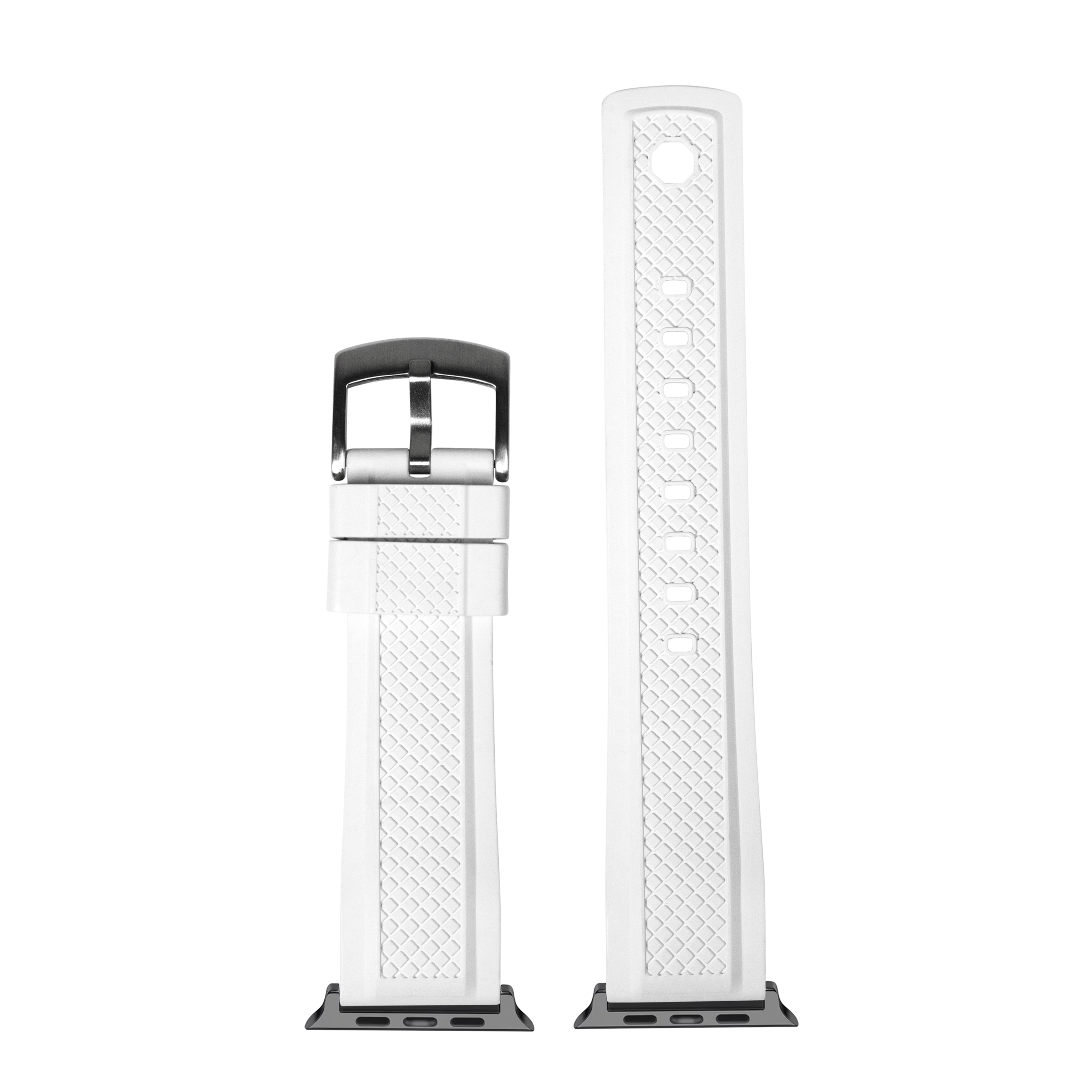 White GridLock FKM rubber smartwatch band with black buckle and connector lugs, shown assembled and unattached