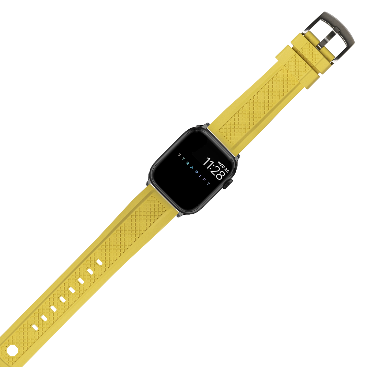 Yellow silicone smartwatch band with textured grid pattern and metal buckle for Apple Watch, shown on black square face watch display