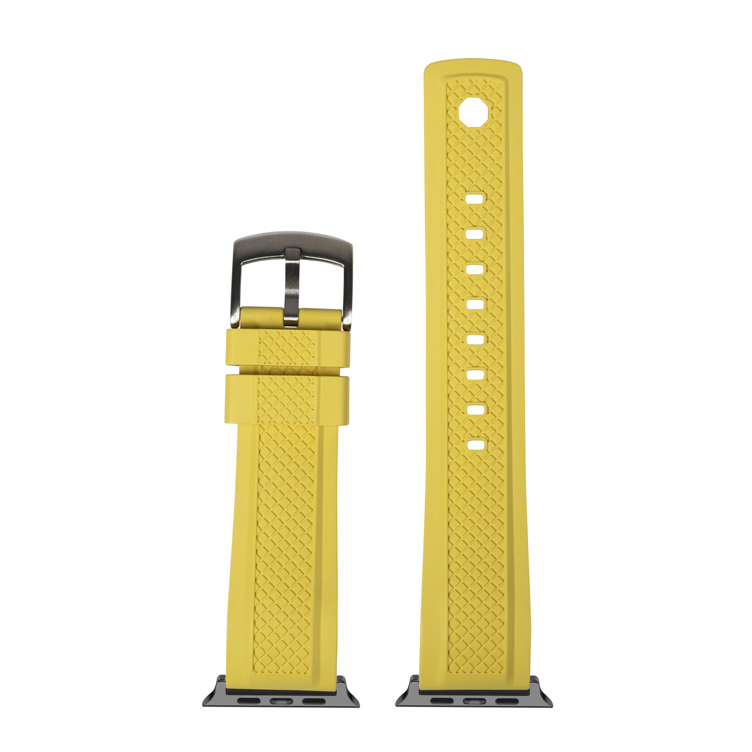 Yellow GridLock FKM rubber Apple Watch band with quilted texture and gunmetal buckle, shown separated and assembled