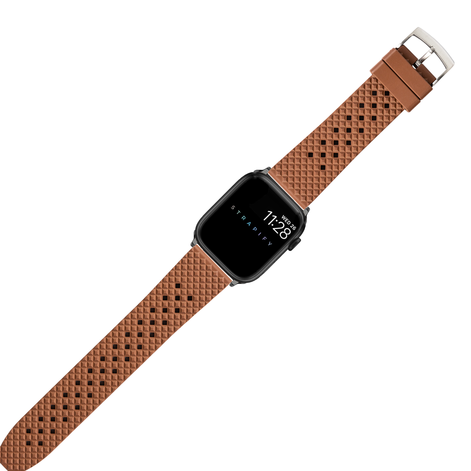 Brown honeycomb FKM rubber smartwatch band with silver buckle and black square watch face displaying time