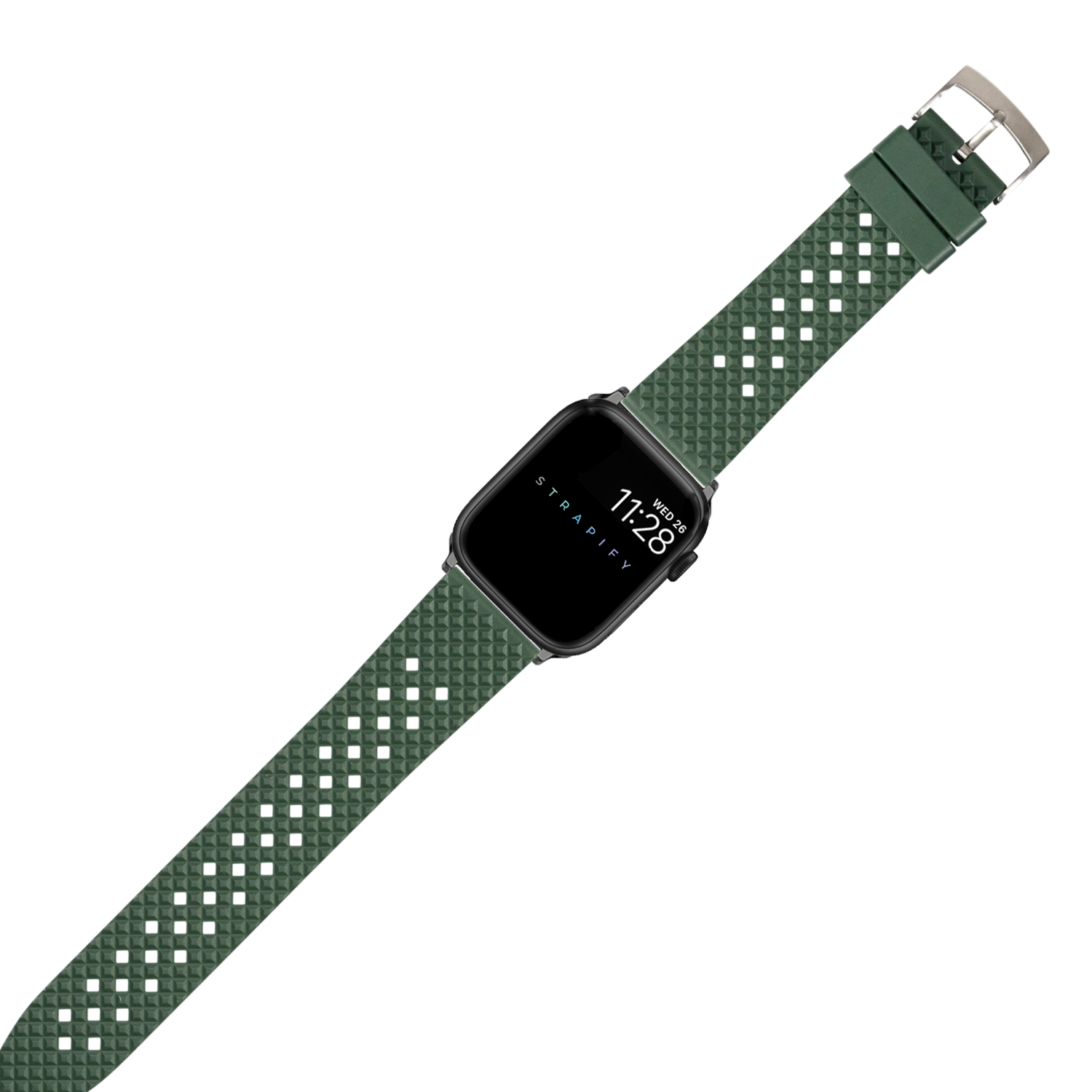 Green FKM rubber smartwatch band with honeycomb pattern and silver buckle for Apple Watch