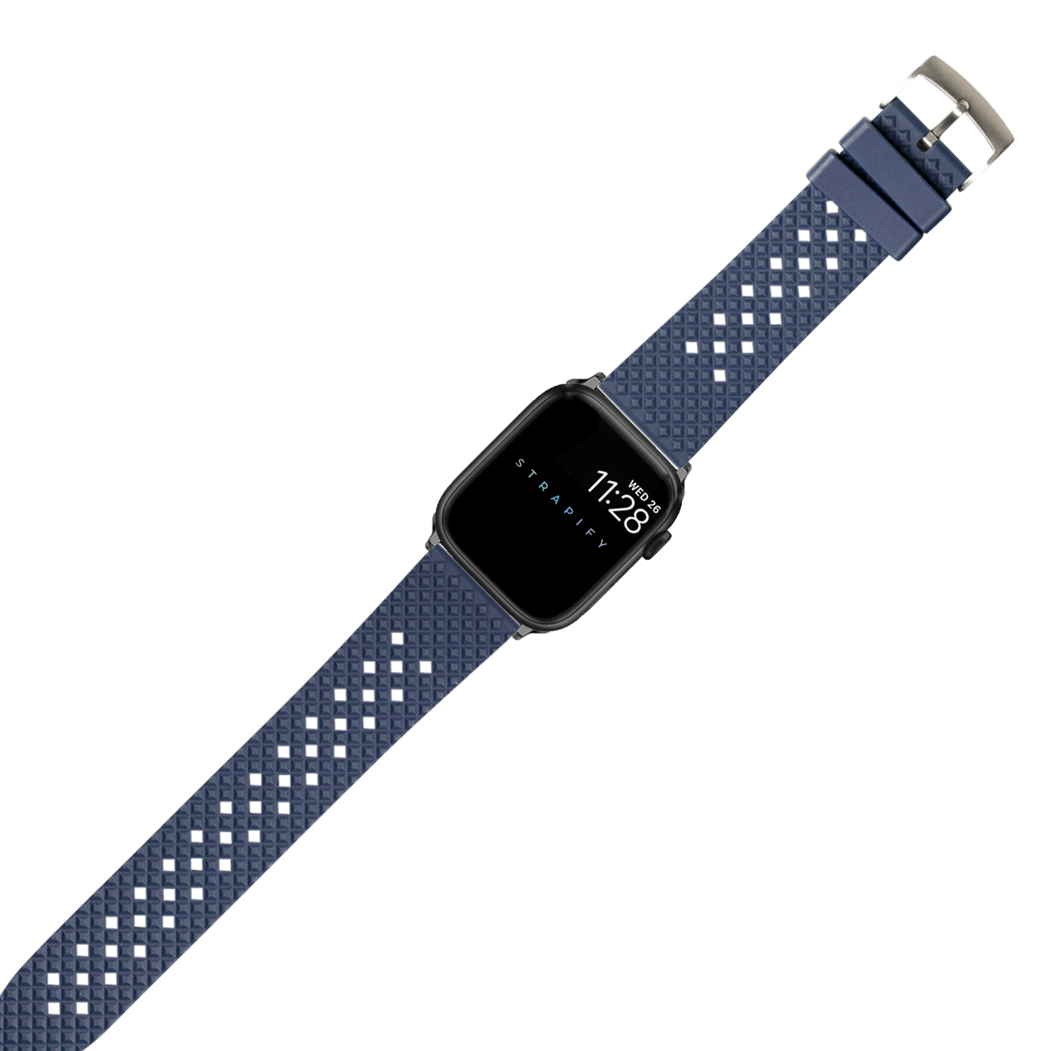 Navy blue honeycomb FKM rubber smartwatch band with silver buckle and black square watch face displaying time
