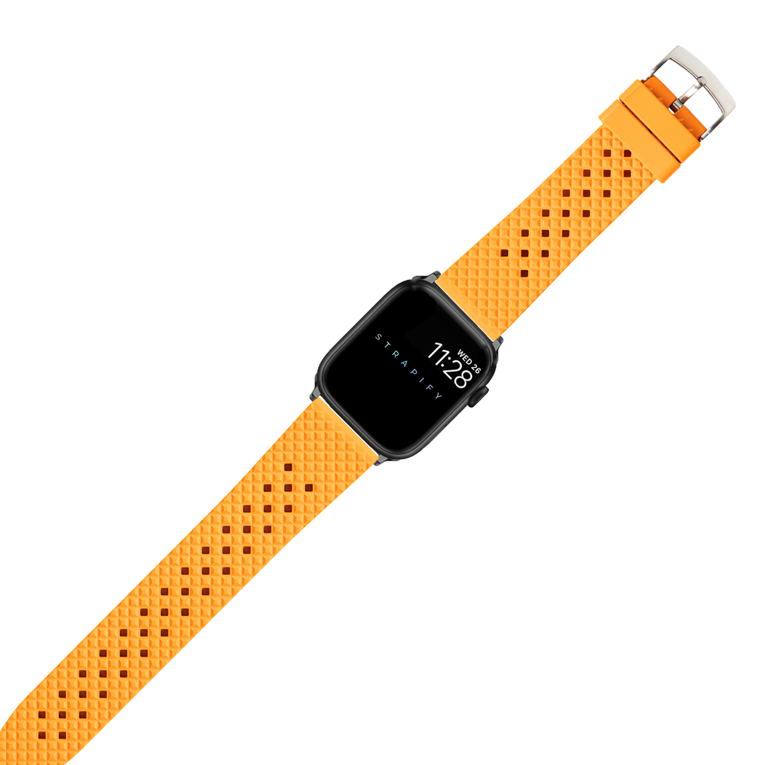 Orange perforated FKM rubber smartwatch band with silver buckle and black watch case