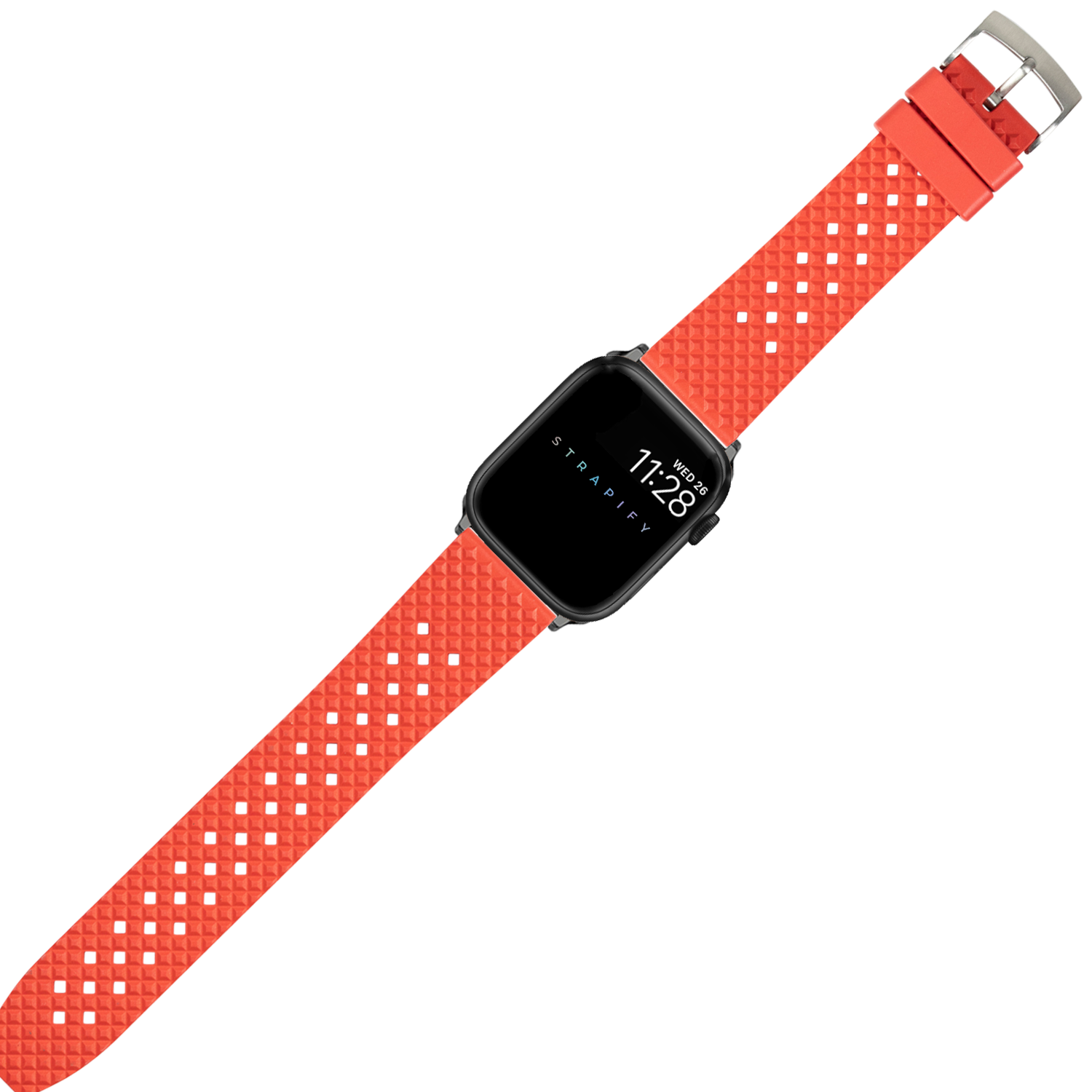 Black smartwatch with red textured honeycomb silicone band and silver buckle clasp