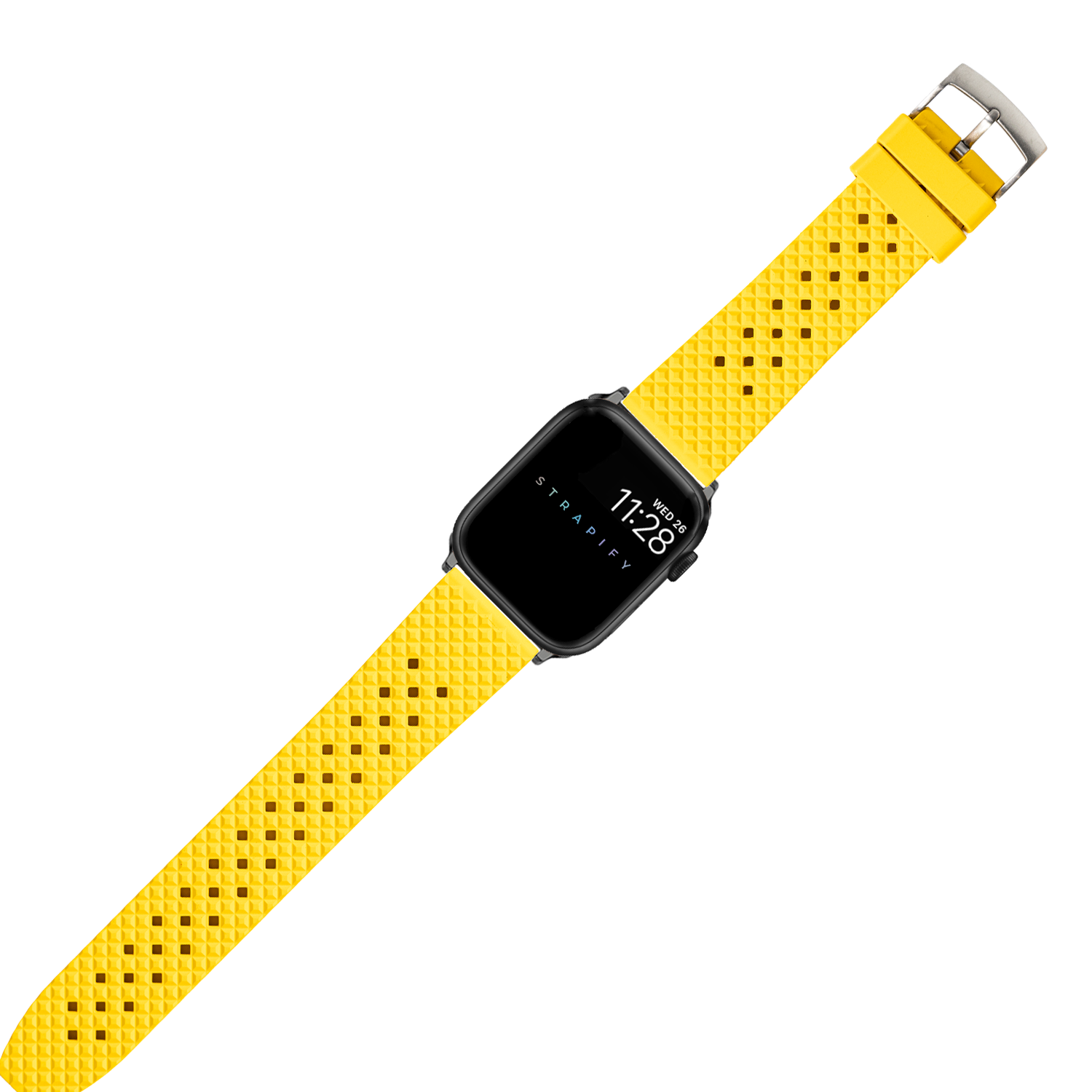 Smartwatch with black square case and yellow perforated rubber band featuring honeycomb pattern design with metal buckle