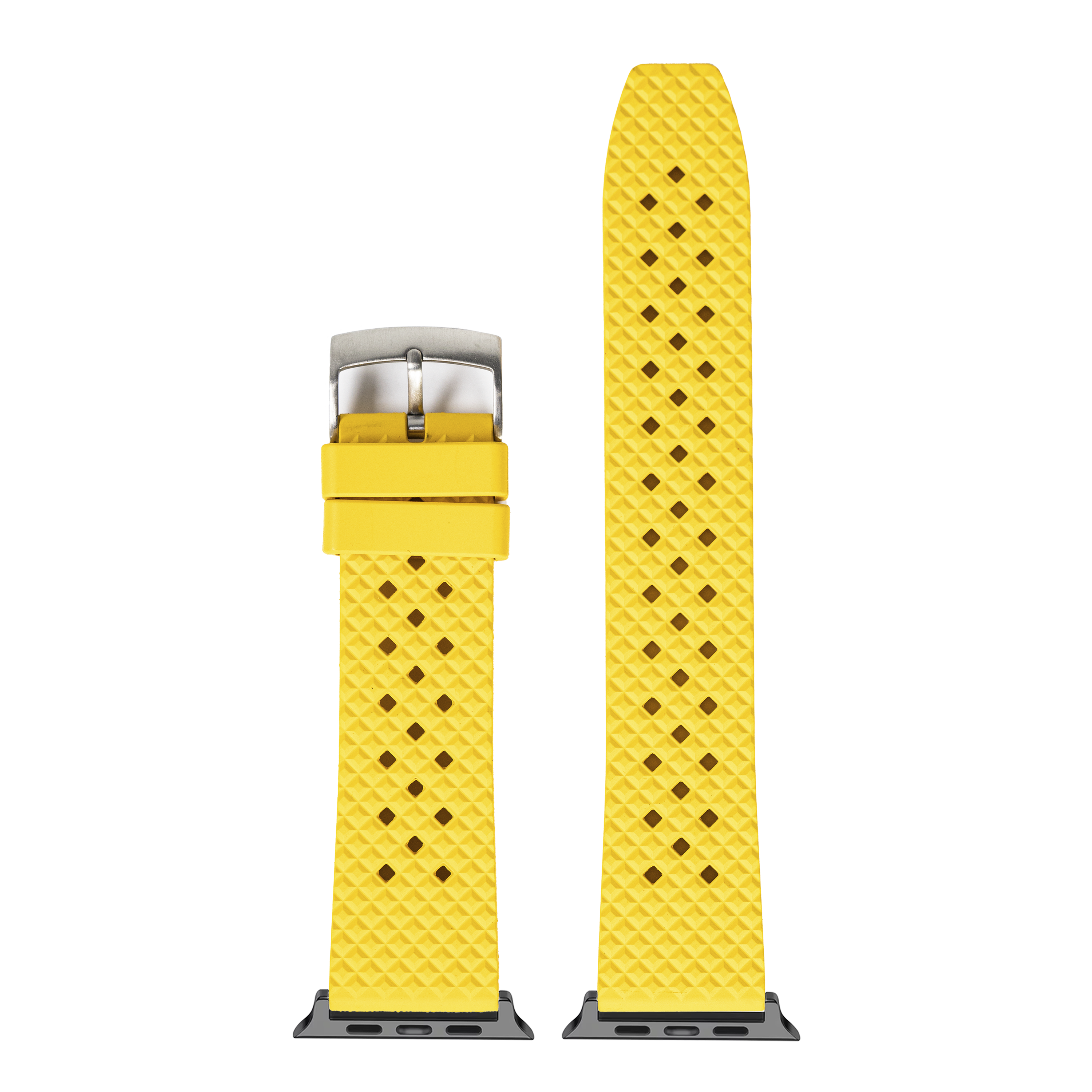Yellow honeycomb FKM rubber Apple Watch band with silver buckle and diamond pattern detail