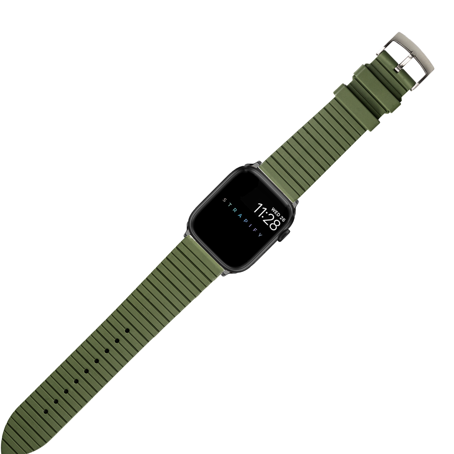 Army green FKM rubber watch band with metal buckle for Apple Watch, textured strap design