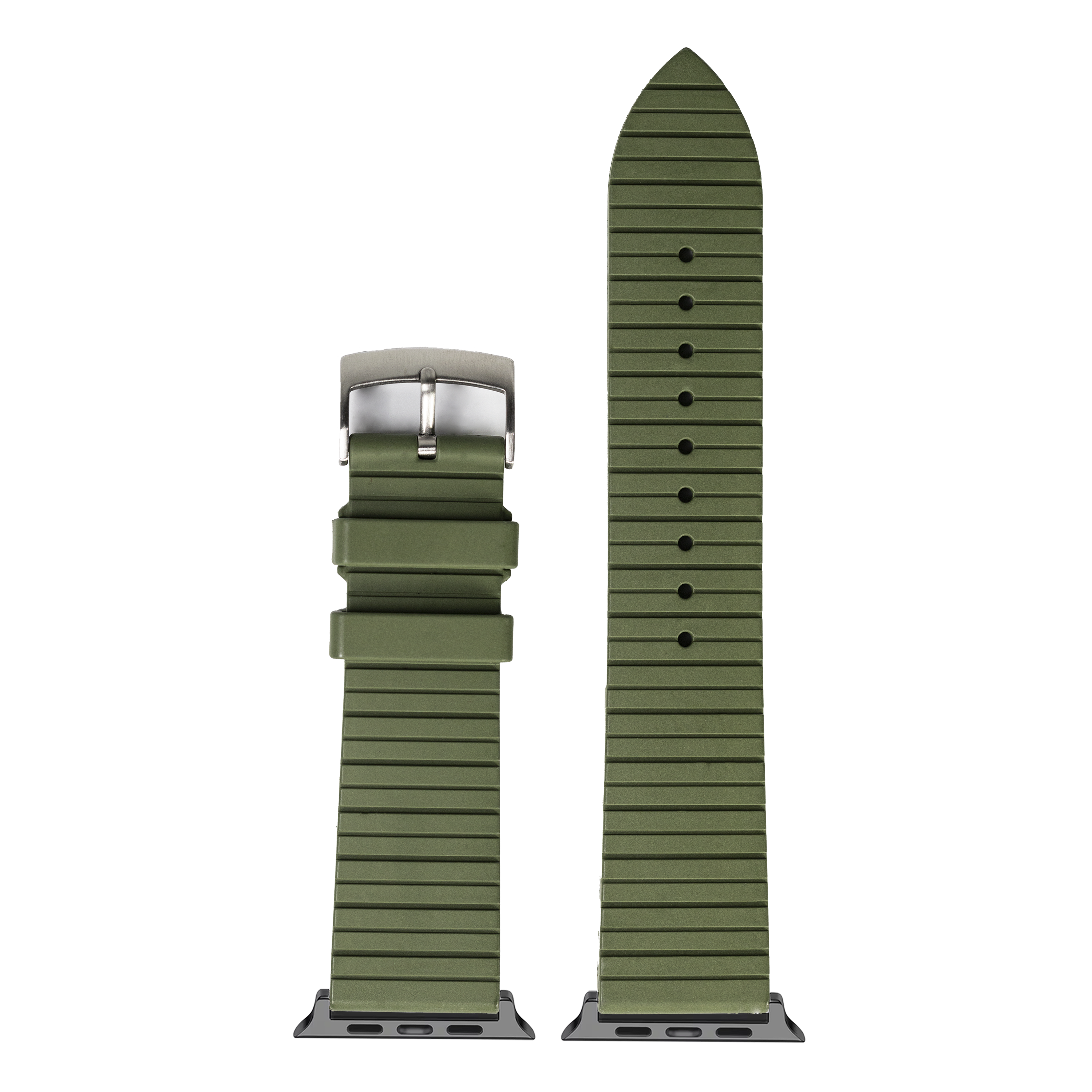 Army green FKM rubber smartwatch band with stainless steel buckle, shown assembled and unassembled with adjustment holes