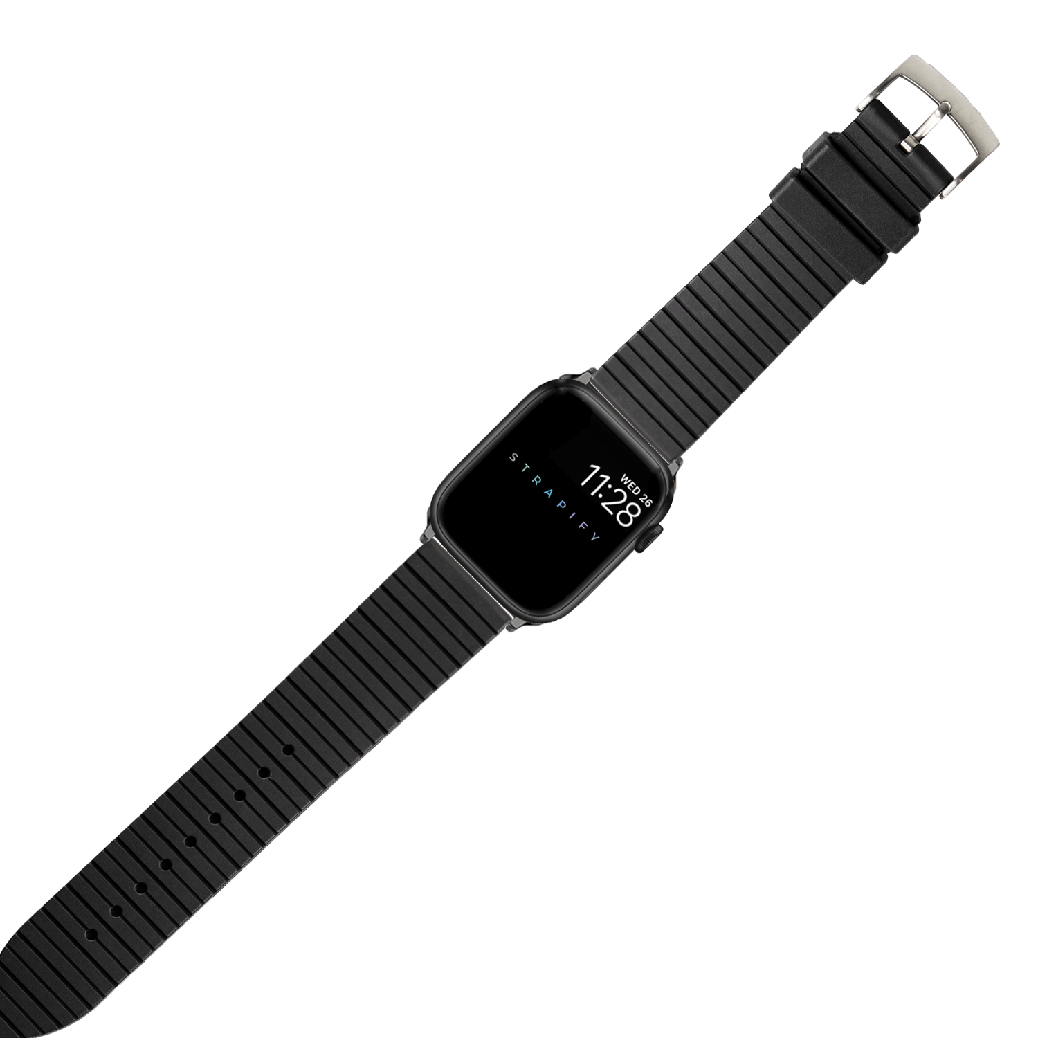 Black FKM rubber smartwatch band with ridged texture and silver buckle clasp for Apple Watch