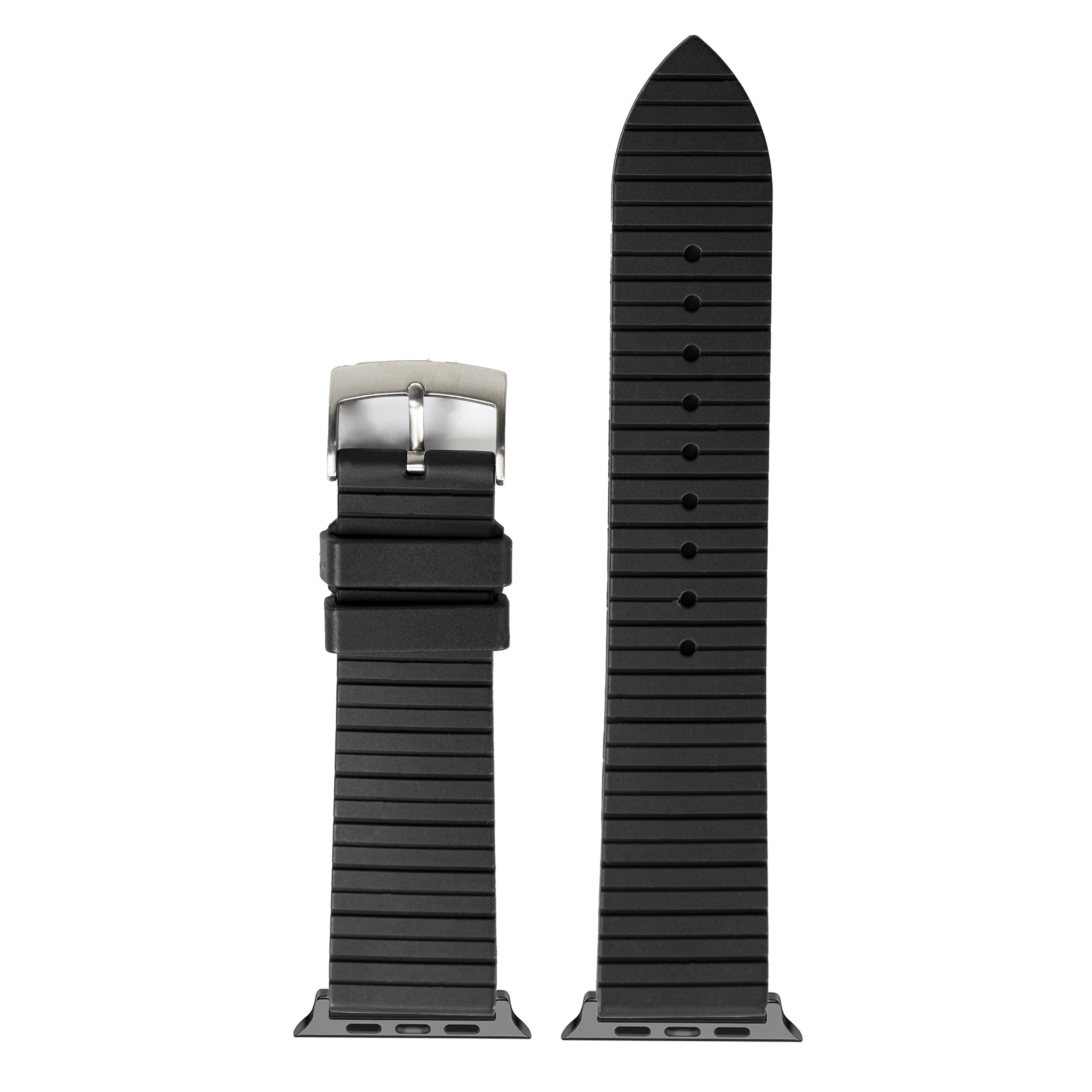 Black FKM rubber smartwatch band with silver buckle and adjustment holes, shown assembled and unattached