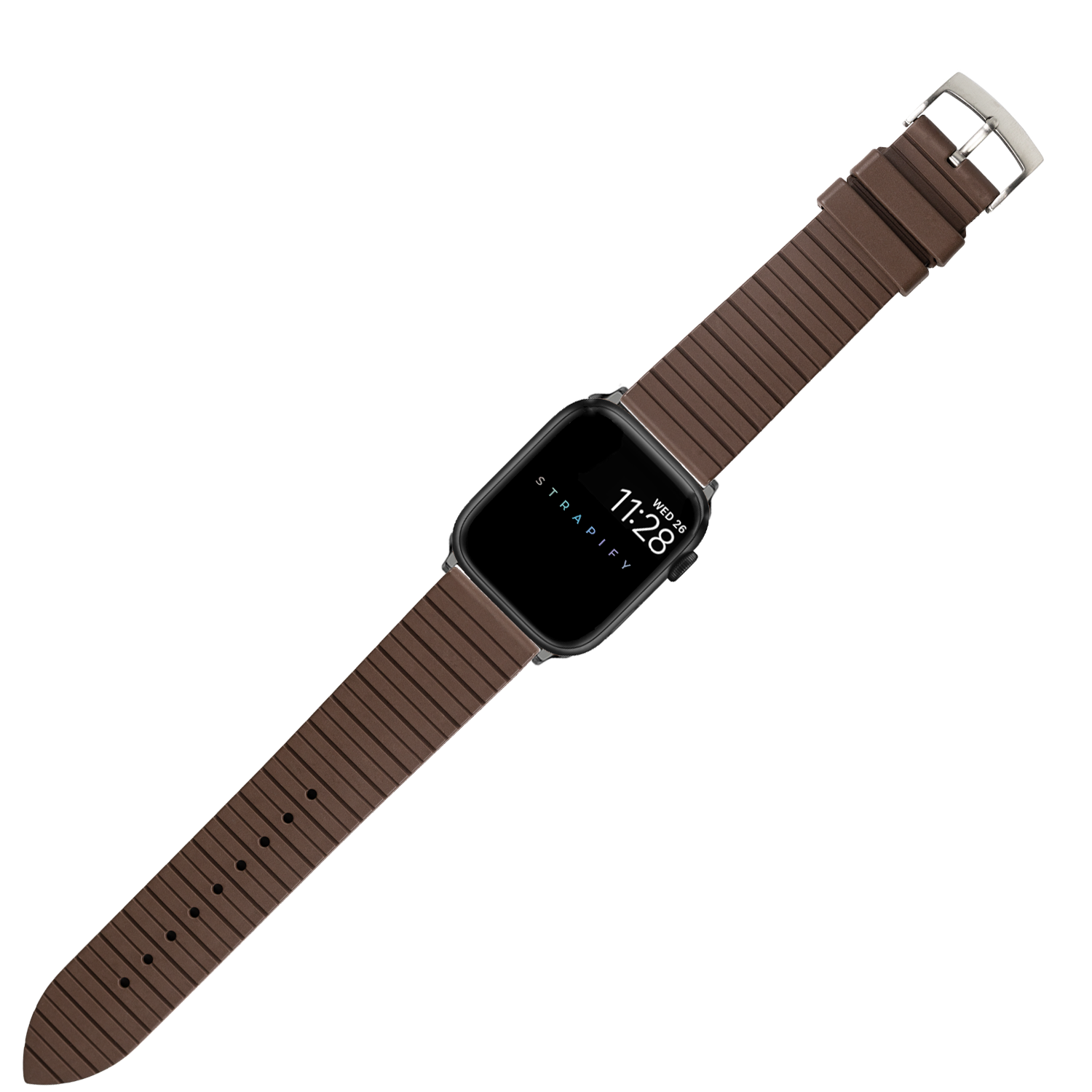Brown FKM rubber smartwatch band with stainless steel buckle for Apple Watch, ribbed texture design