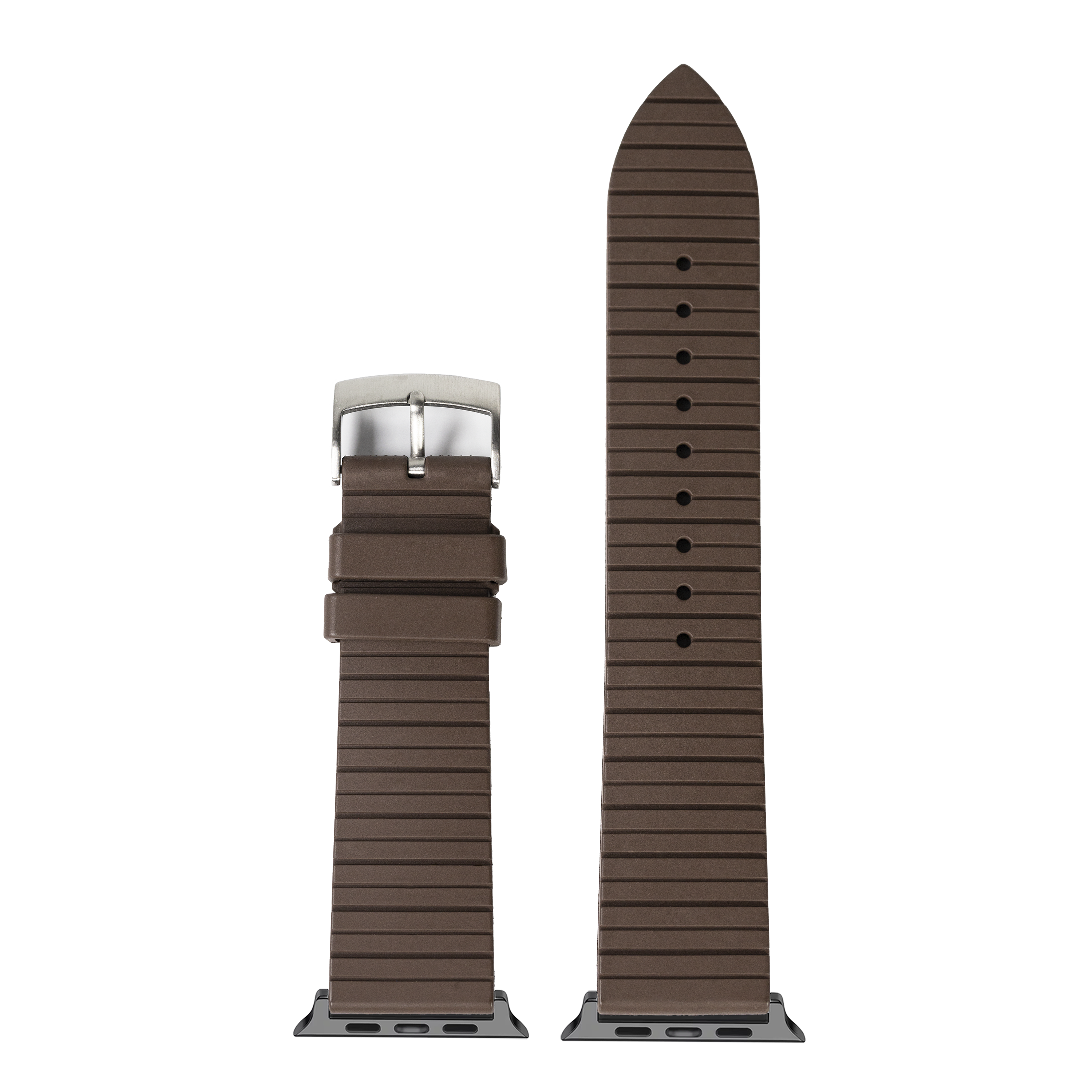 Brown FKM rubber Apple Watch band with ribbed texture, silver buckle, and interchangeable connector for all watch sizes