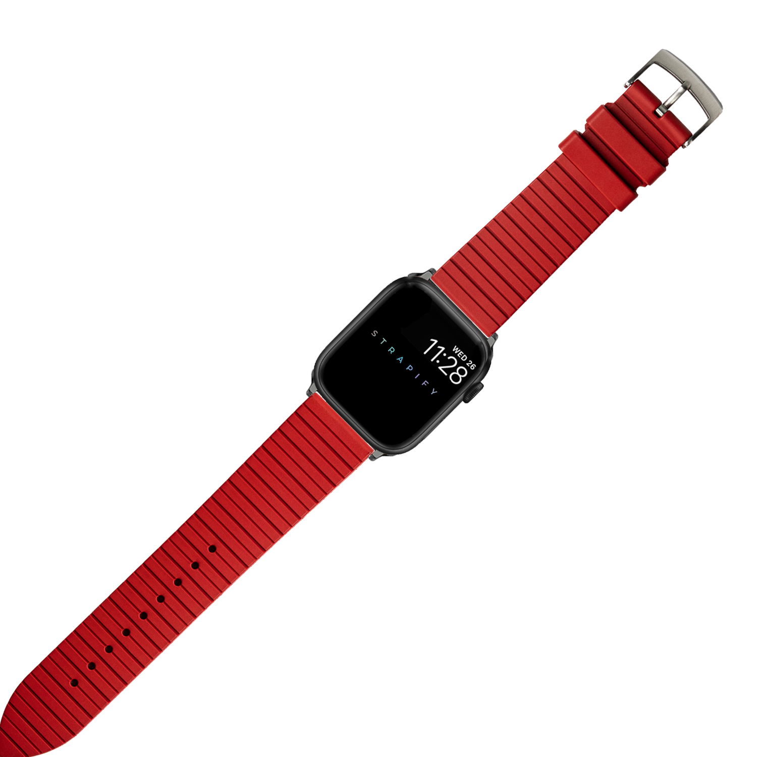 Red ribbed FKM rubber smartwatch band with black stainless steel case and silver buckle clasp