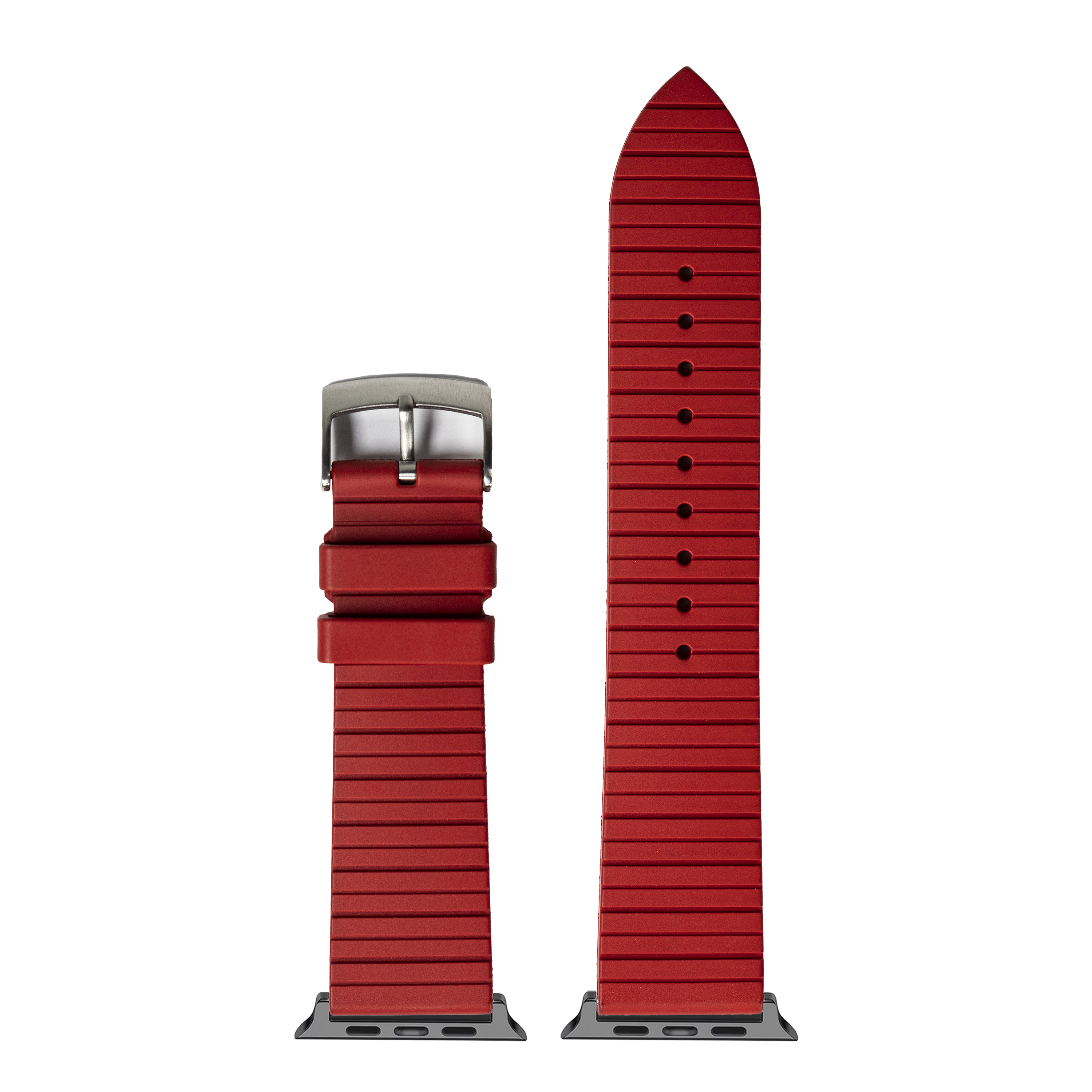 Red FKM rubber watch band with textured horizontal grooves and silver buckle, shown folded and extended, compatible with smartwatch