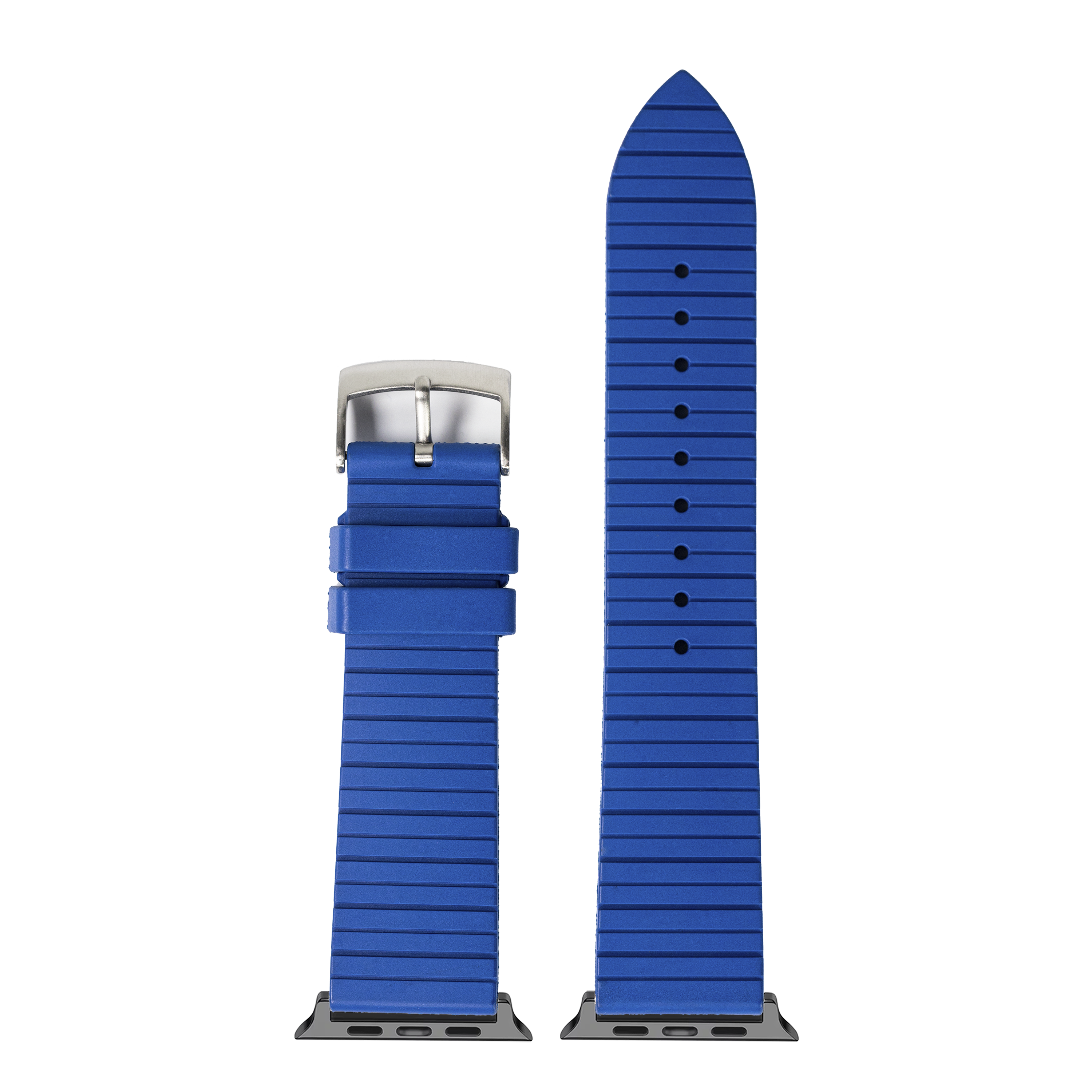Royal blue FKM rubber smartwatch band with horizontal ribs, metal buckle, and interchangeable connector pieces