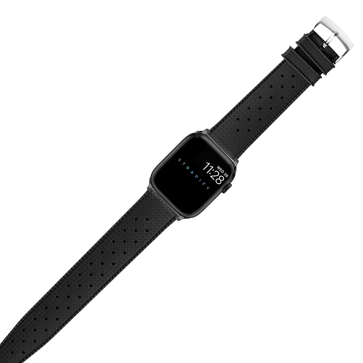 Black silicone sport strap Apple Watch with perforated rubber band and silver buckle showing time display