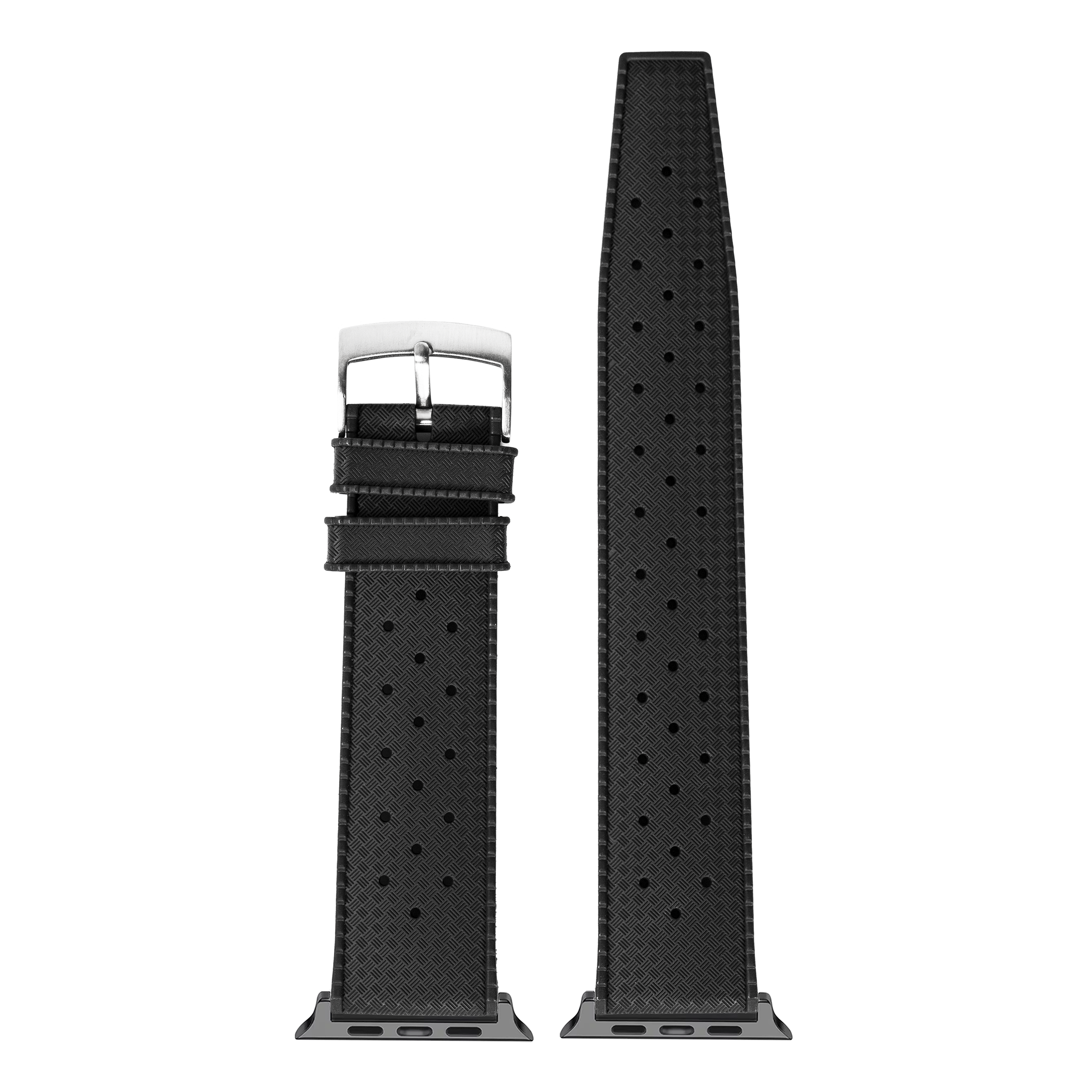Black perforated FKM rubber Apple Watch band with silver buckle and dual strap keepers