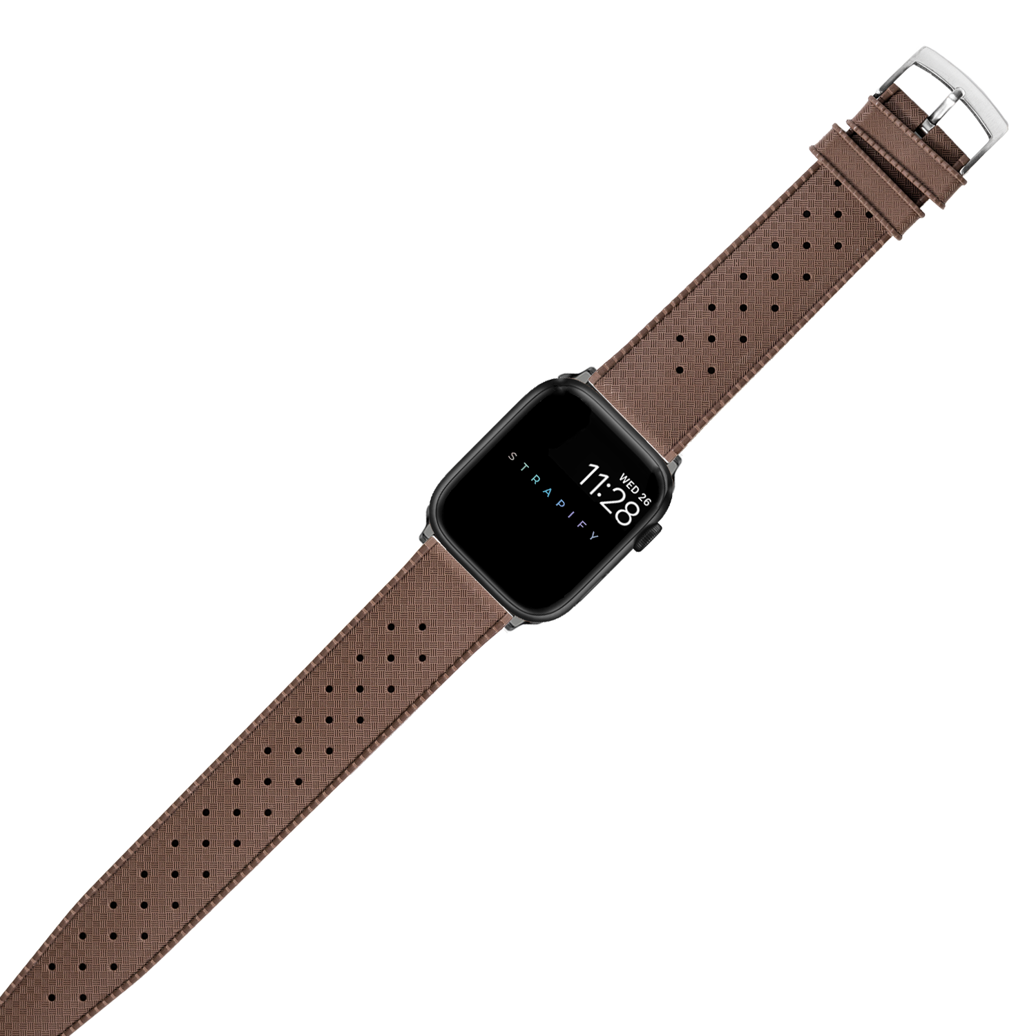 Brown perforated FKM rubber Apple Watch band with silver buckle and black square smartwatch face displaying time