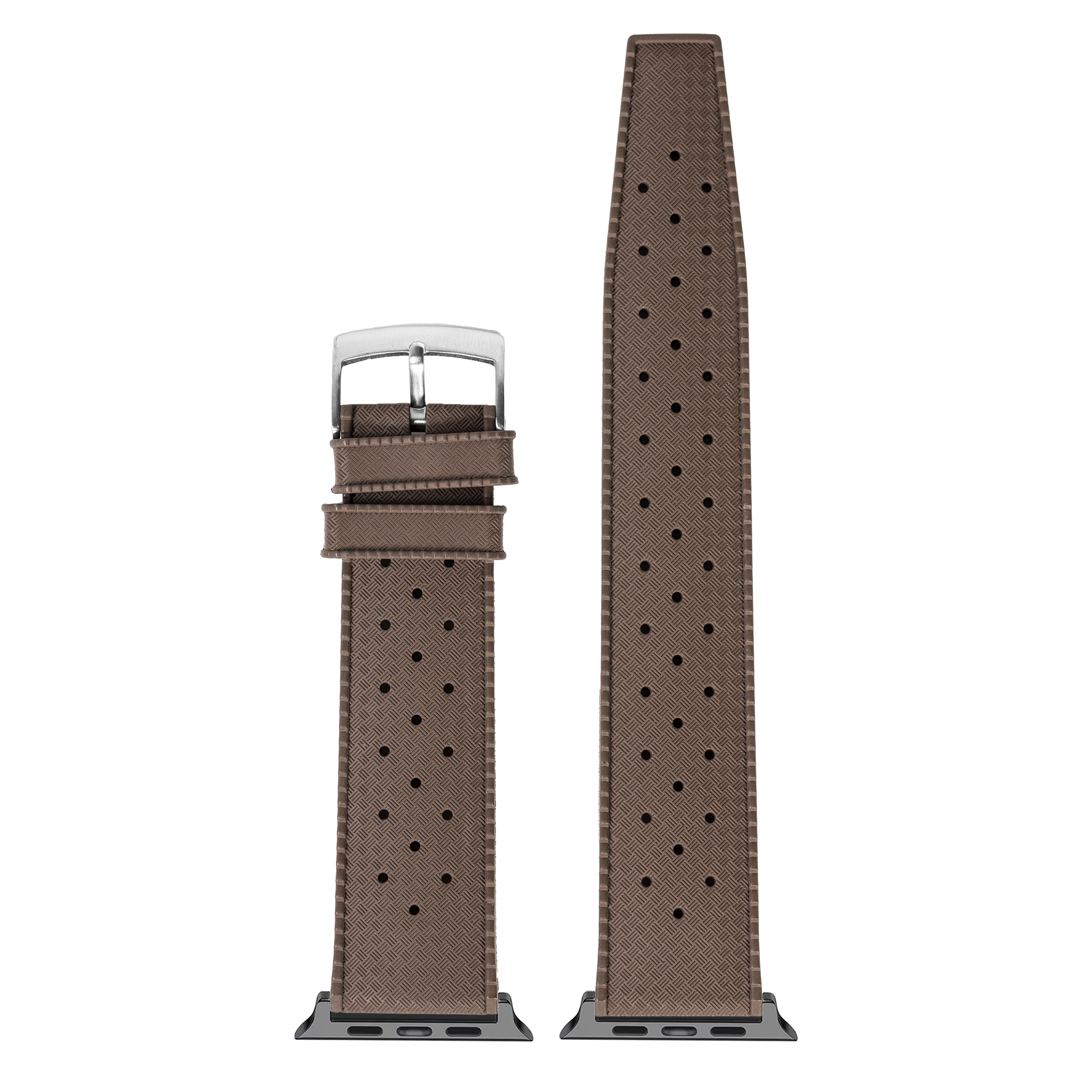 Brown perforated FKM rubber watch band with stainless steel buckle for Apple Watch, featuring tapered design and ventilation holes