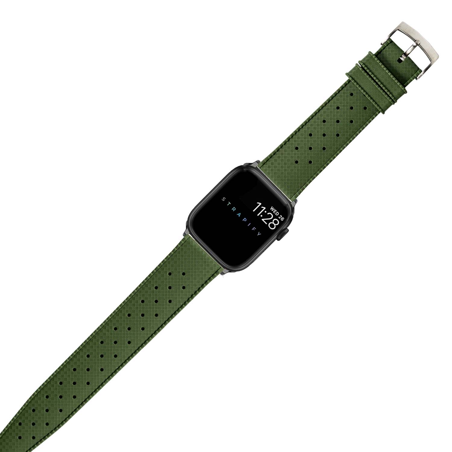 Black smartwatch with forest green perforated FKM rubber sport band and stainless steel buckle