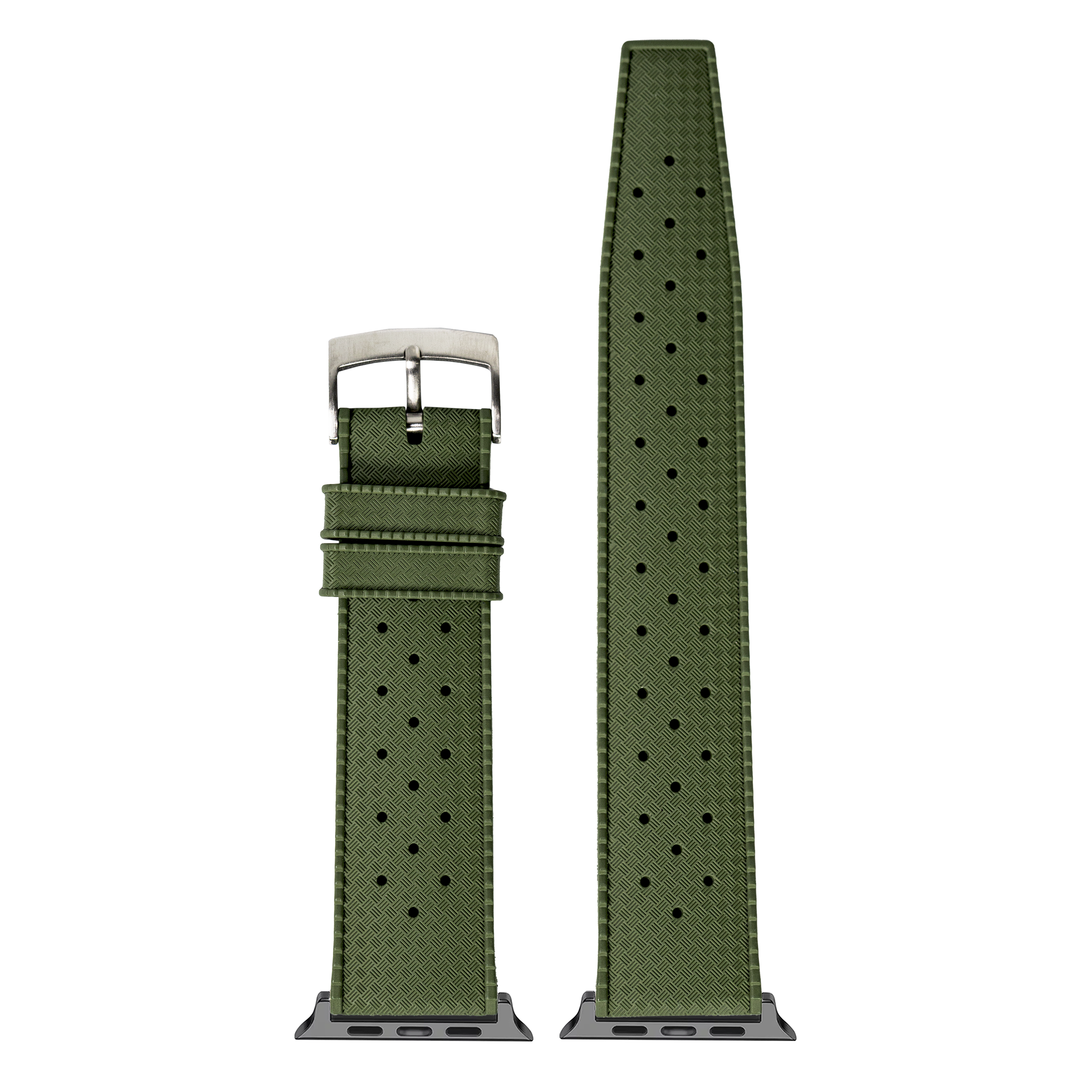 Forest green perforated FKM rubber Apple Watch band with silver buckle and connector adapters