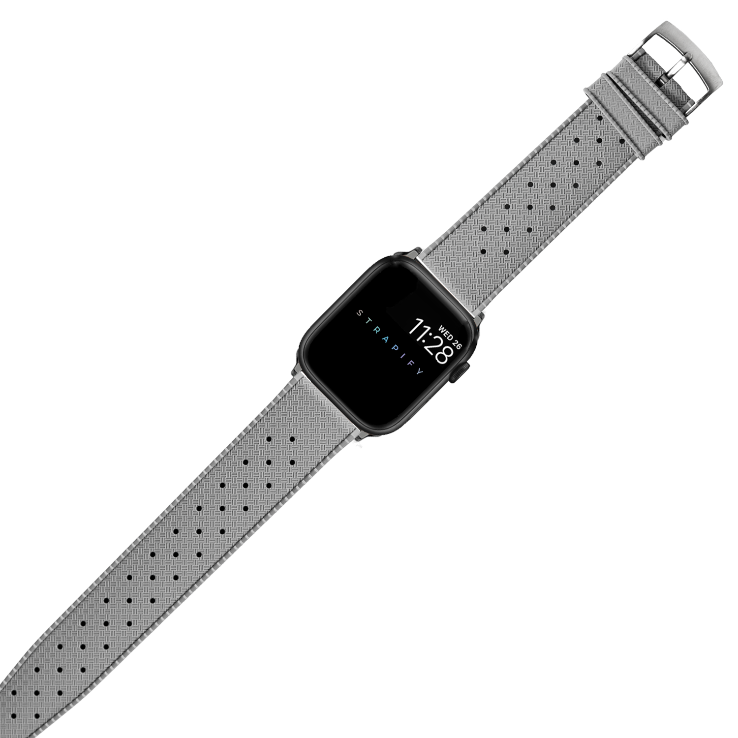 Black smartwatch with grey perforated silicone sport band and metal buckle, displaying time on digital face
