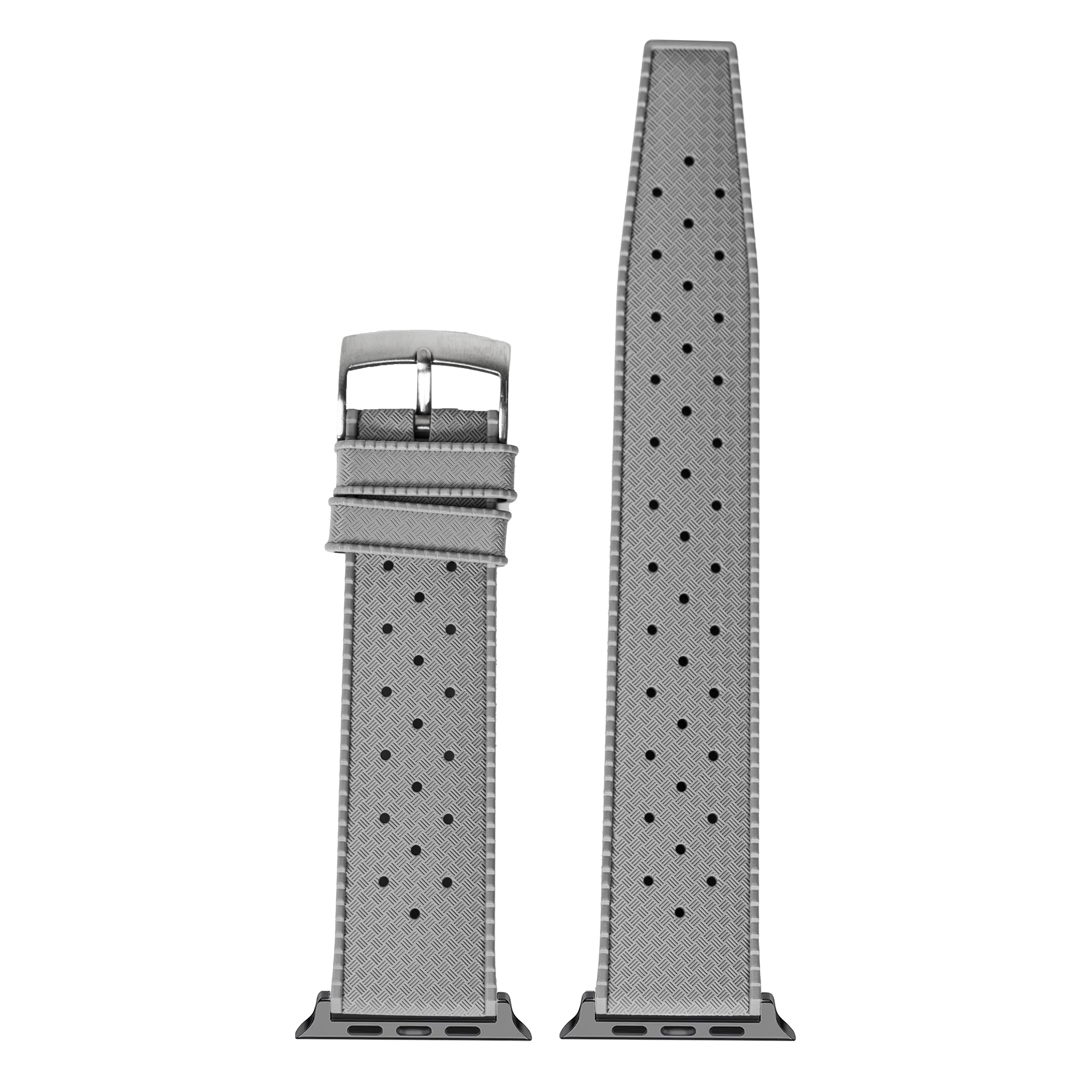 Grey perforated FKM rubber Apple Watch band with stainless steel buckle, shown in two lengths