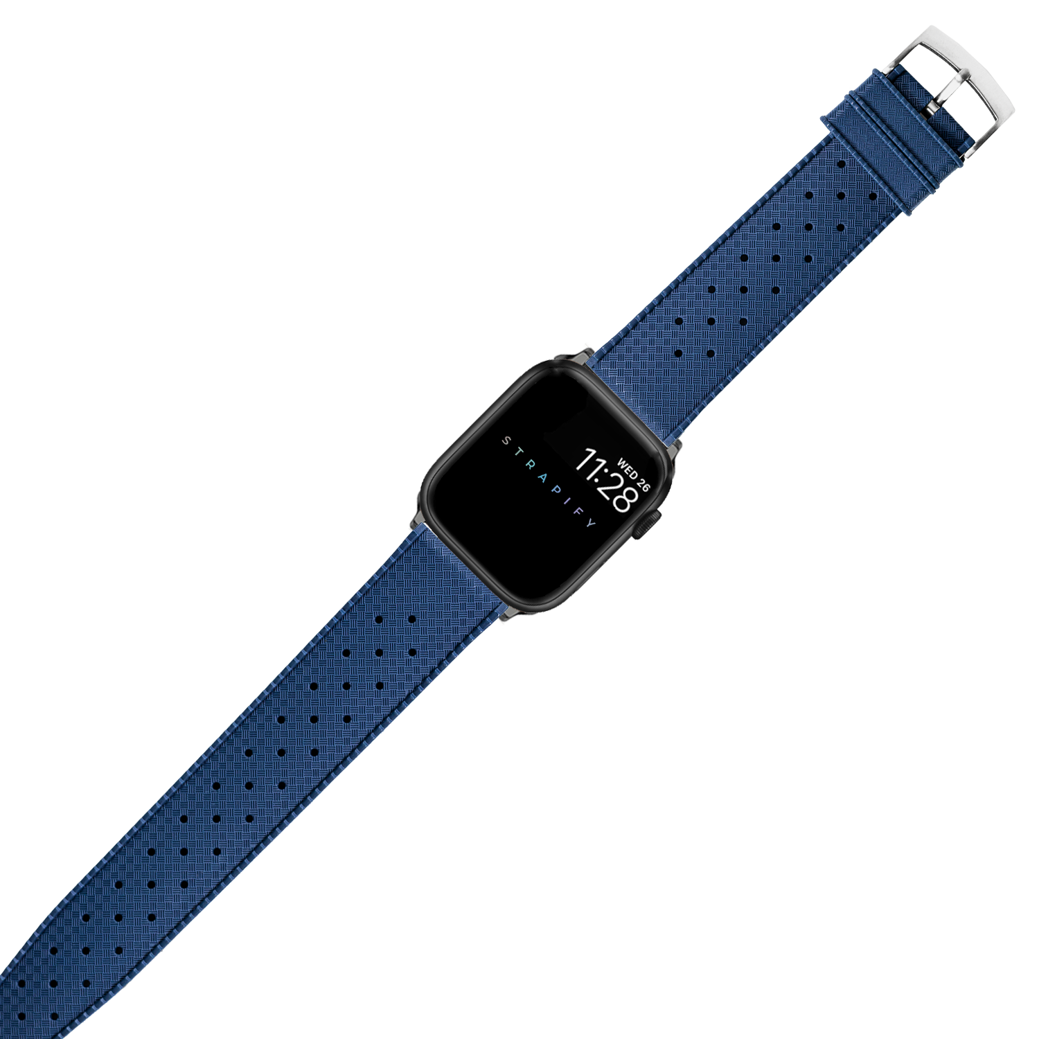 Navy blue perforated FKM rubber smartwatch band with silver buckle and black square watch face displaying time