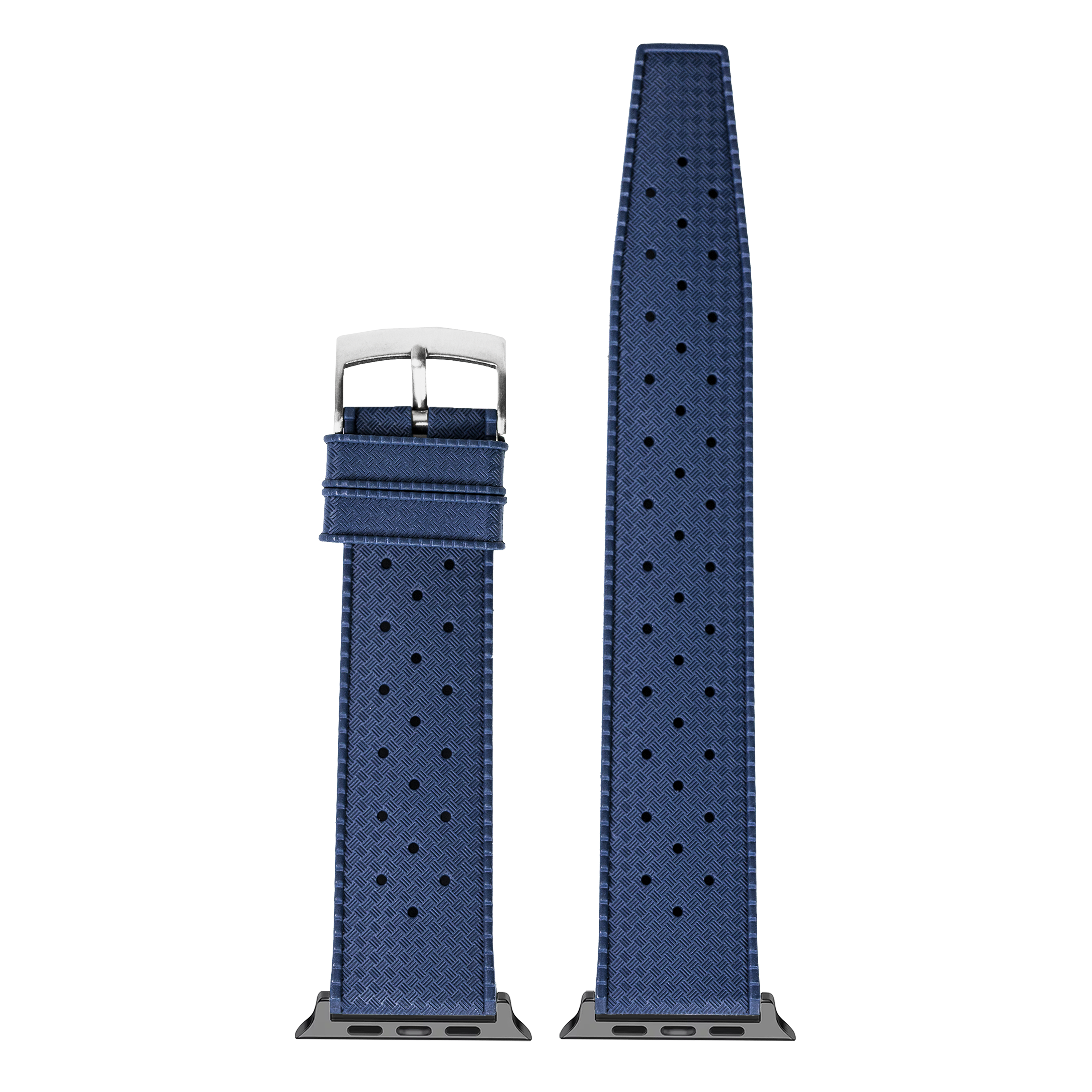 Navy blue perforated FKM rubber Apple Watch band with silver buckle and connector lugs shown in two lengths
