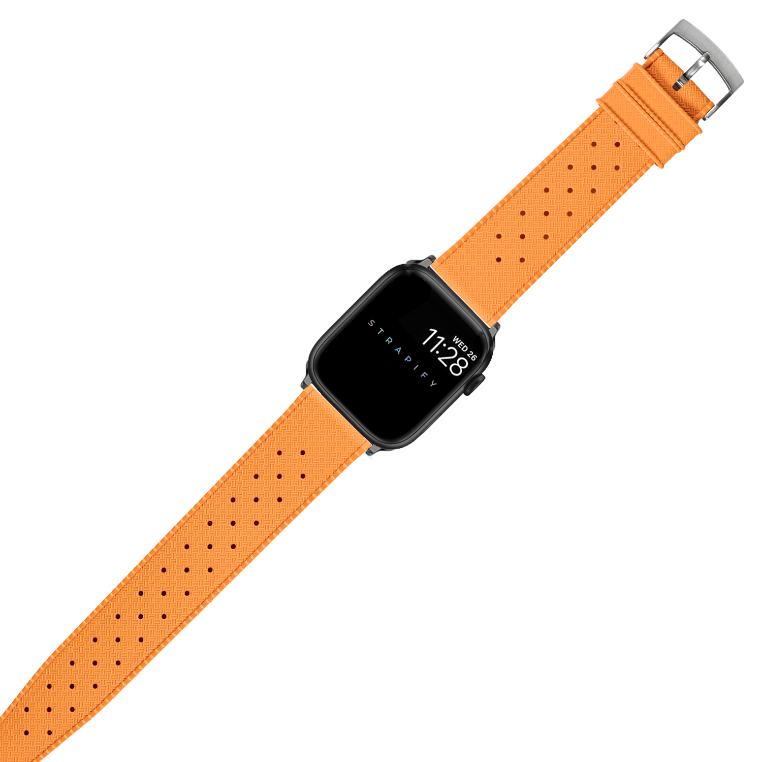 Black smartwatch with orange perforated FKM rubber sport band and stainless steel buckle